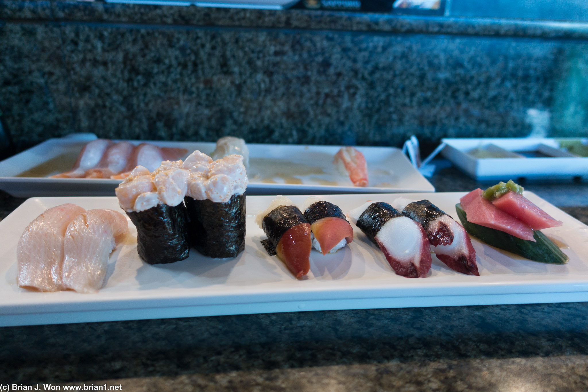 Hamachi, hotate, surf clam, tako, toro. At least they claimed it was toro.