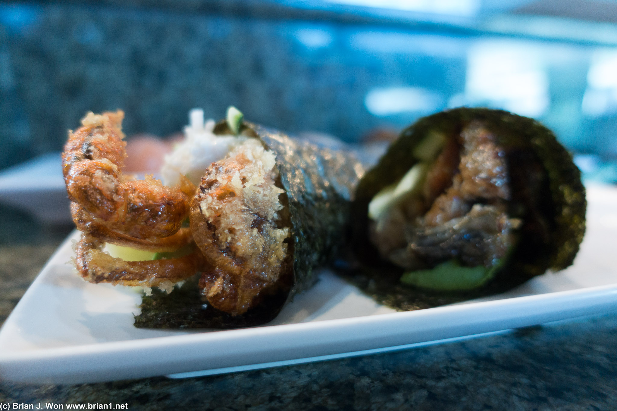 Soft shell crab, salmon skin hand rolls.