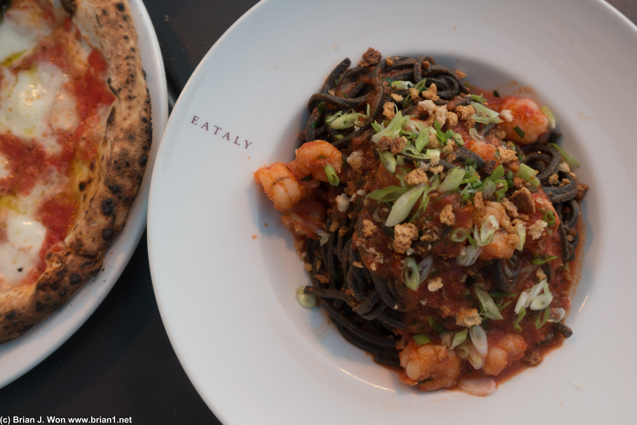 Squid ink pasta with shrimp.