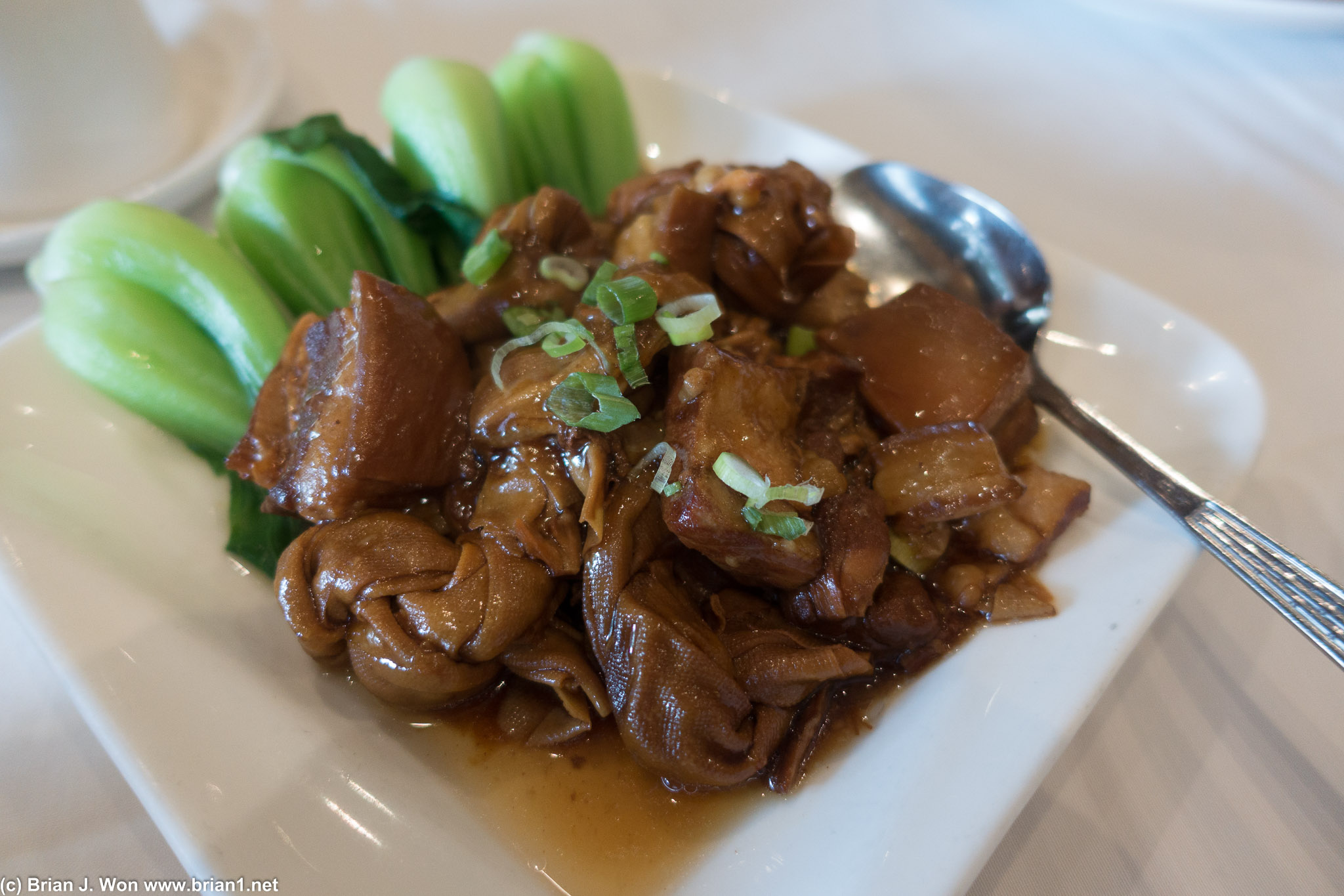 Bean curd, pork, and bok choy.