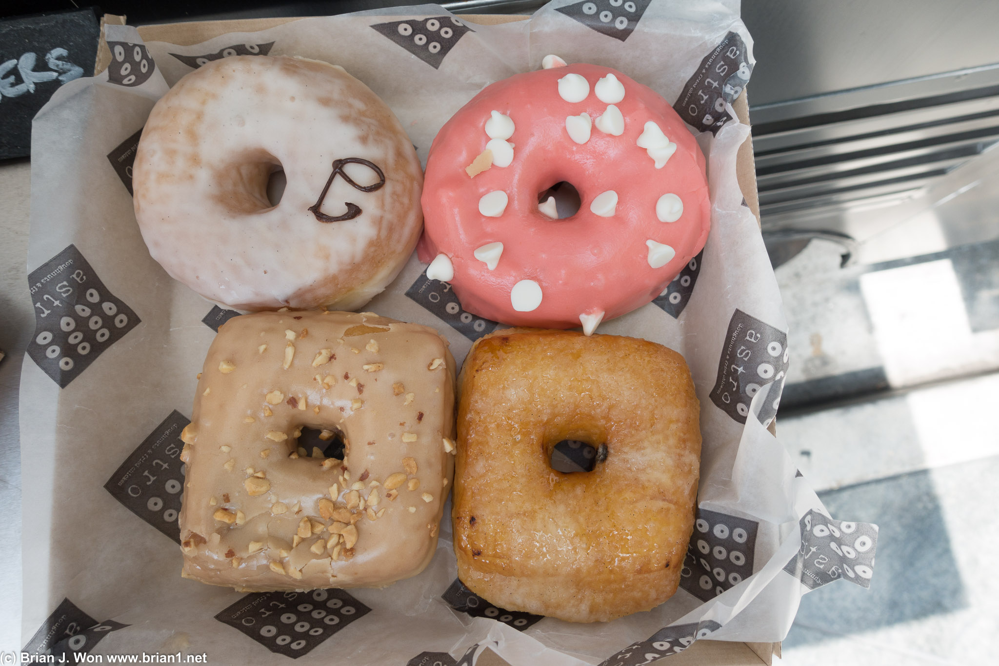 Clockwise from top left: vanilla glaze, banana guava, creme brulee, PB&J.