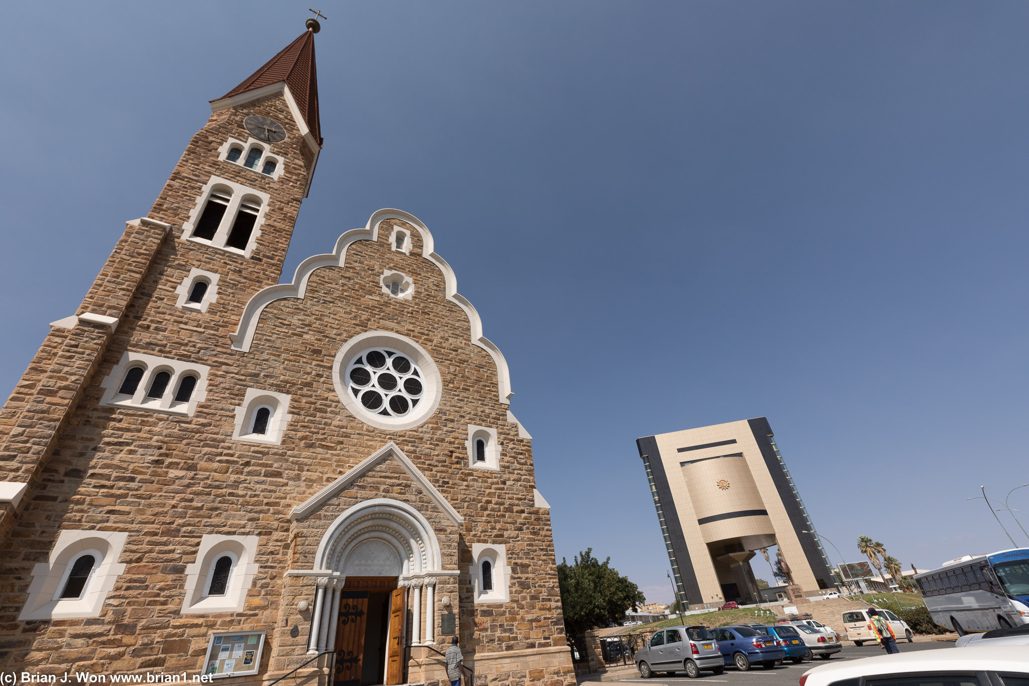 Christuskirche, one of Windhoek's landmarks. Independence Memorial Museum in the background.