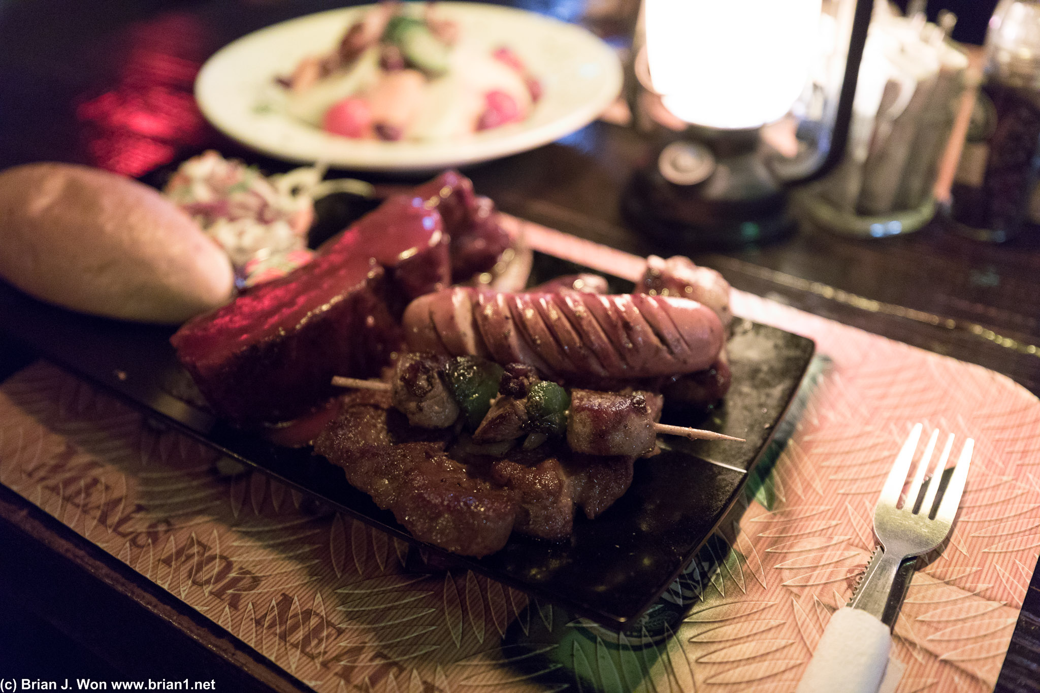 Joe's special combo-- pork rib, pork neck, pork kebab, chicken wings, bockwurst.