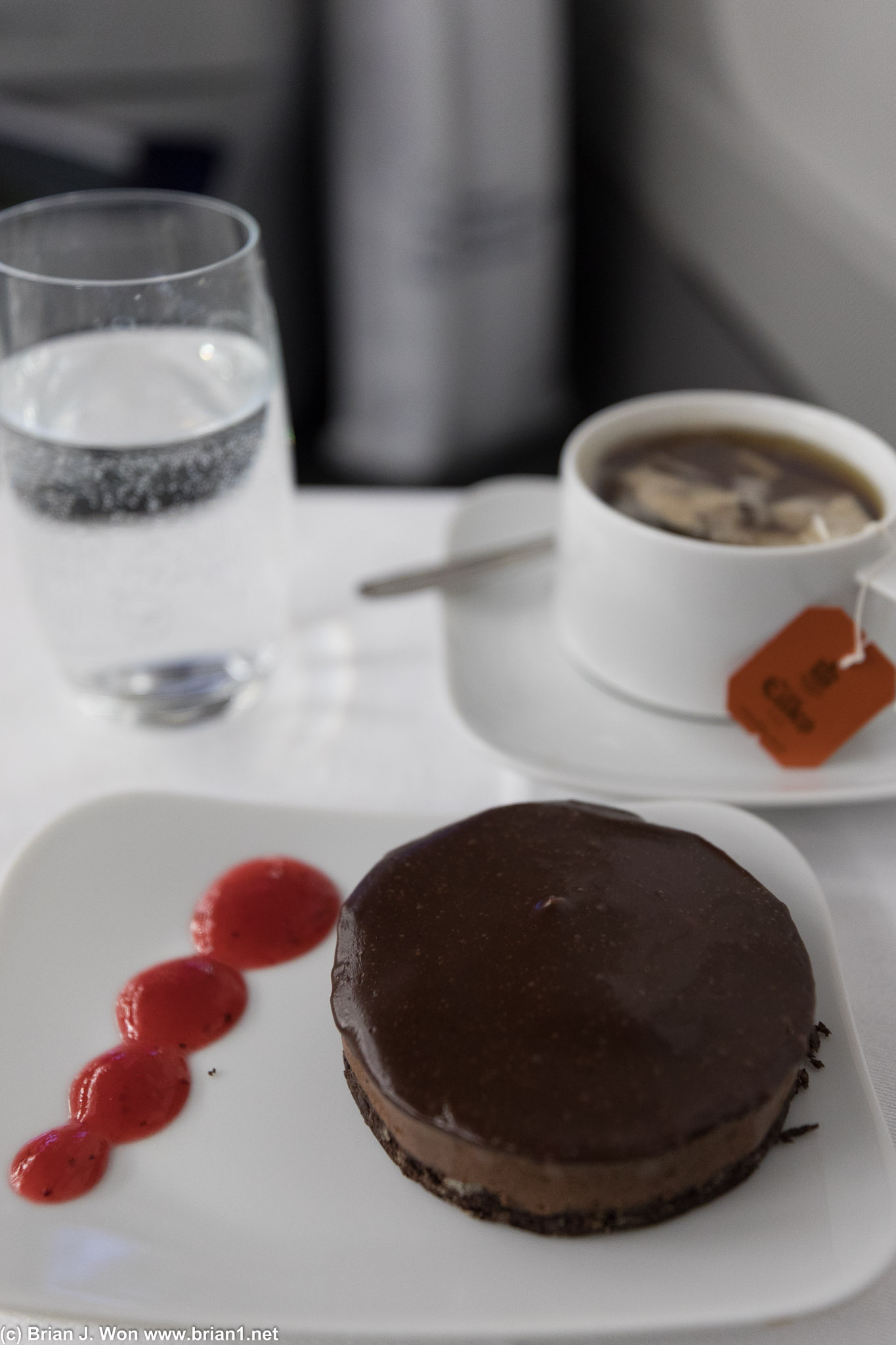 Tea and chocolate cake.