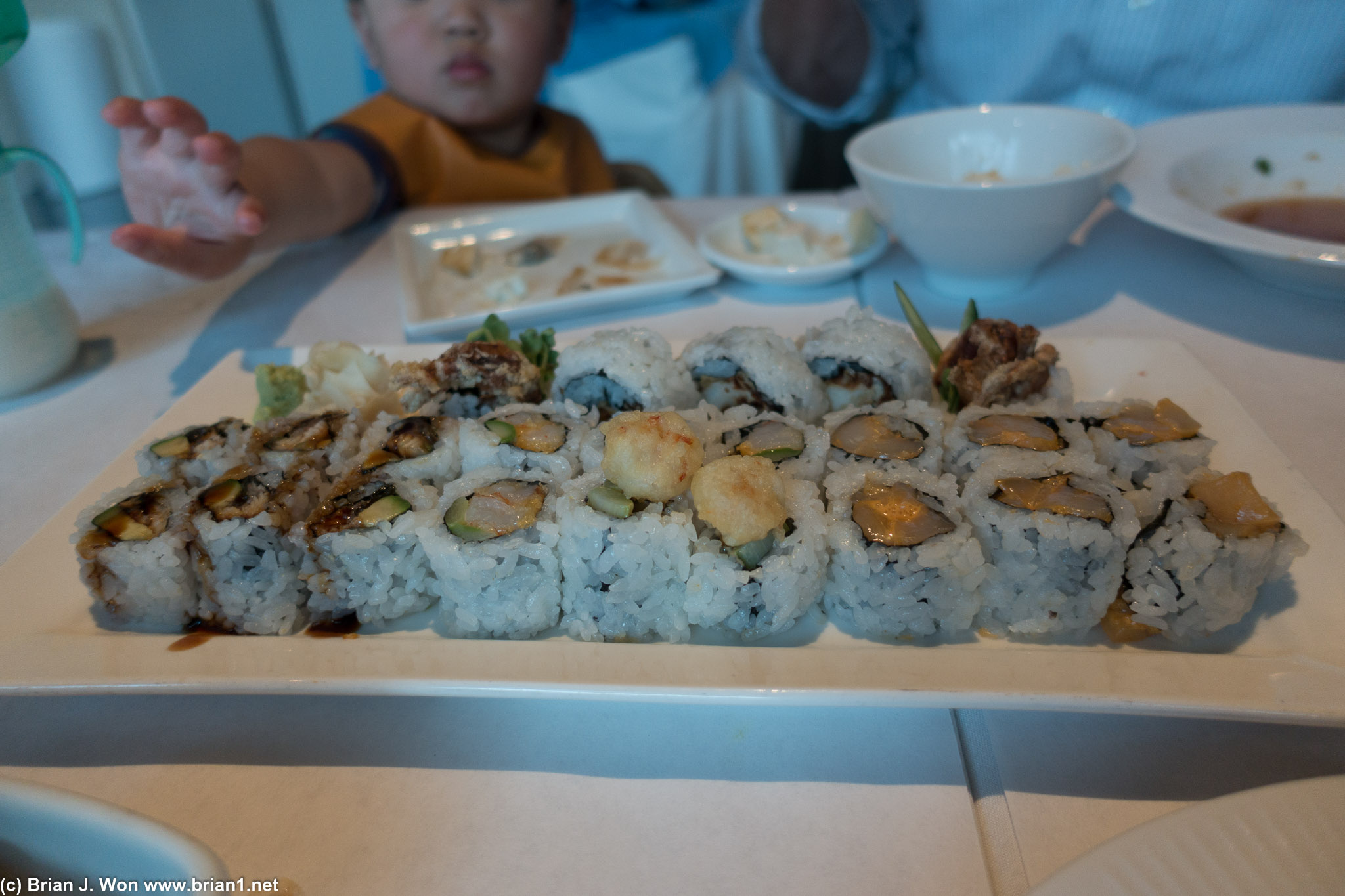 Soft shell crab, unagi, shrimp, scallop rolls.