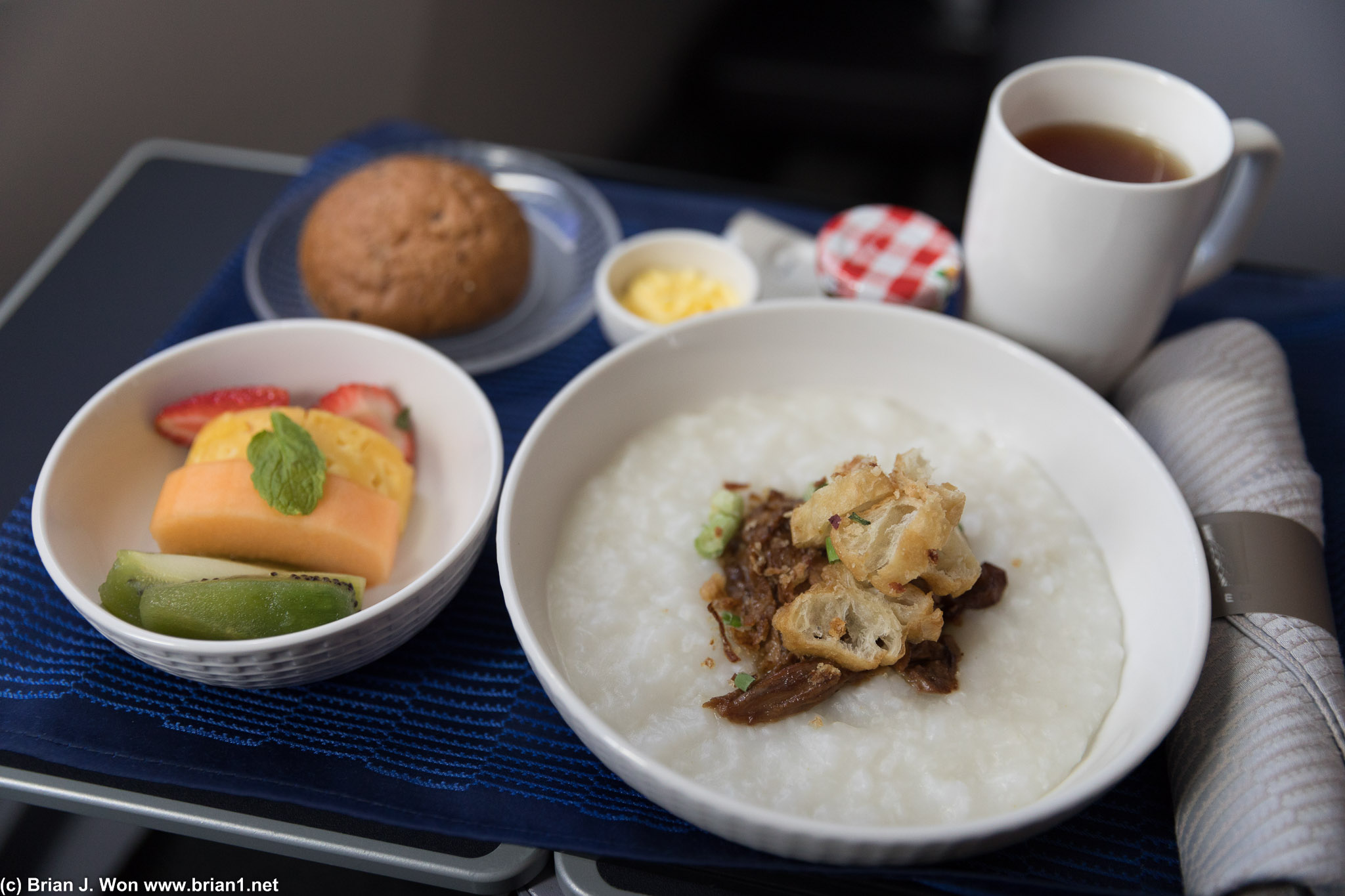 Pre-arrival breakfast was a surprisingly good duck jook.