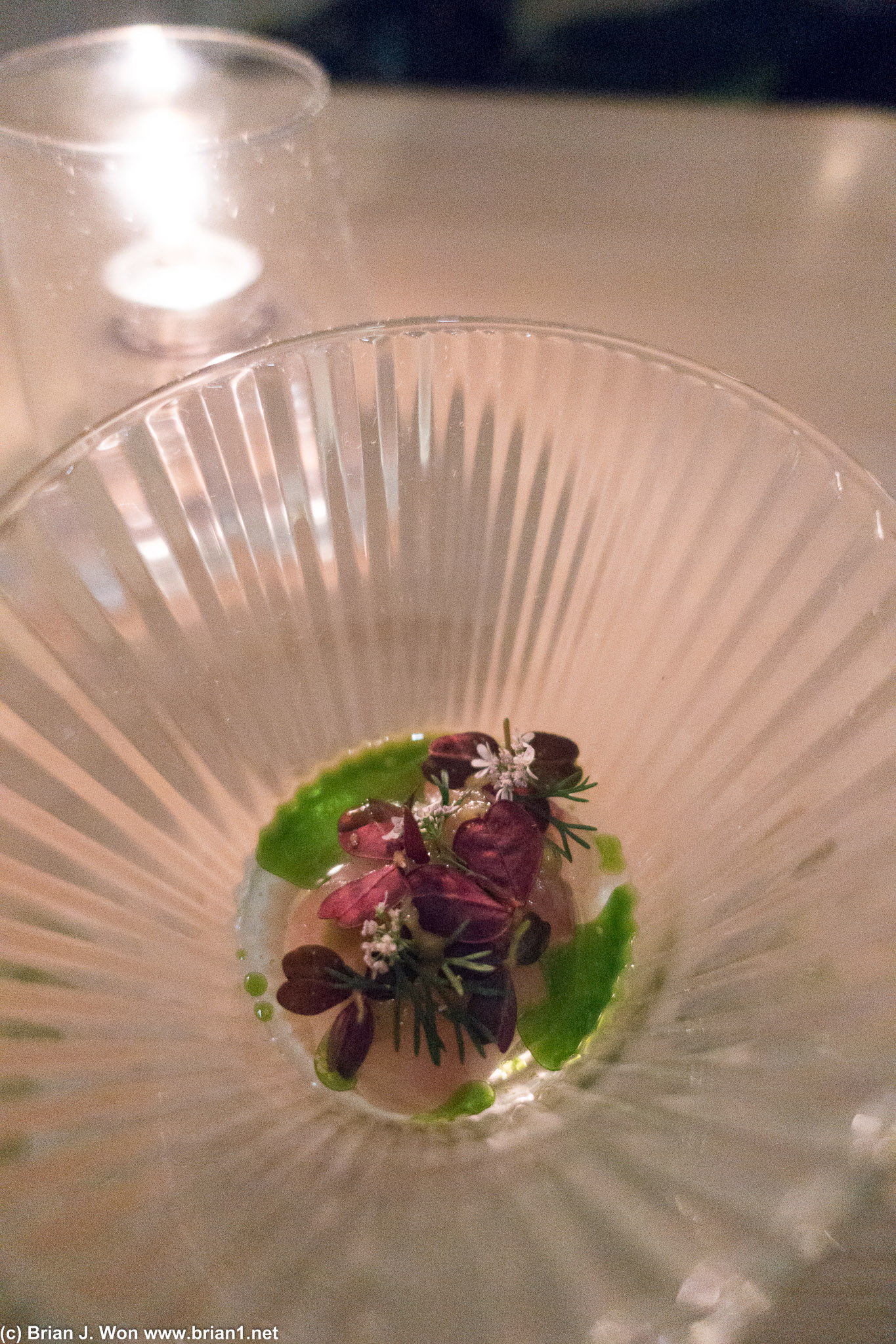 Combo cured amber jack sashimi. Delicious but also all of one bite.