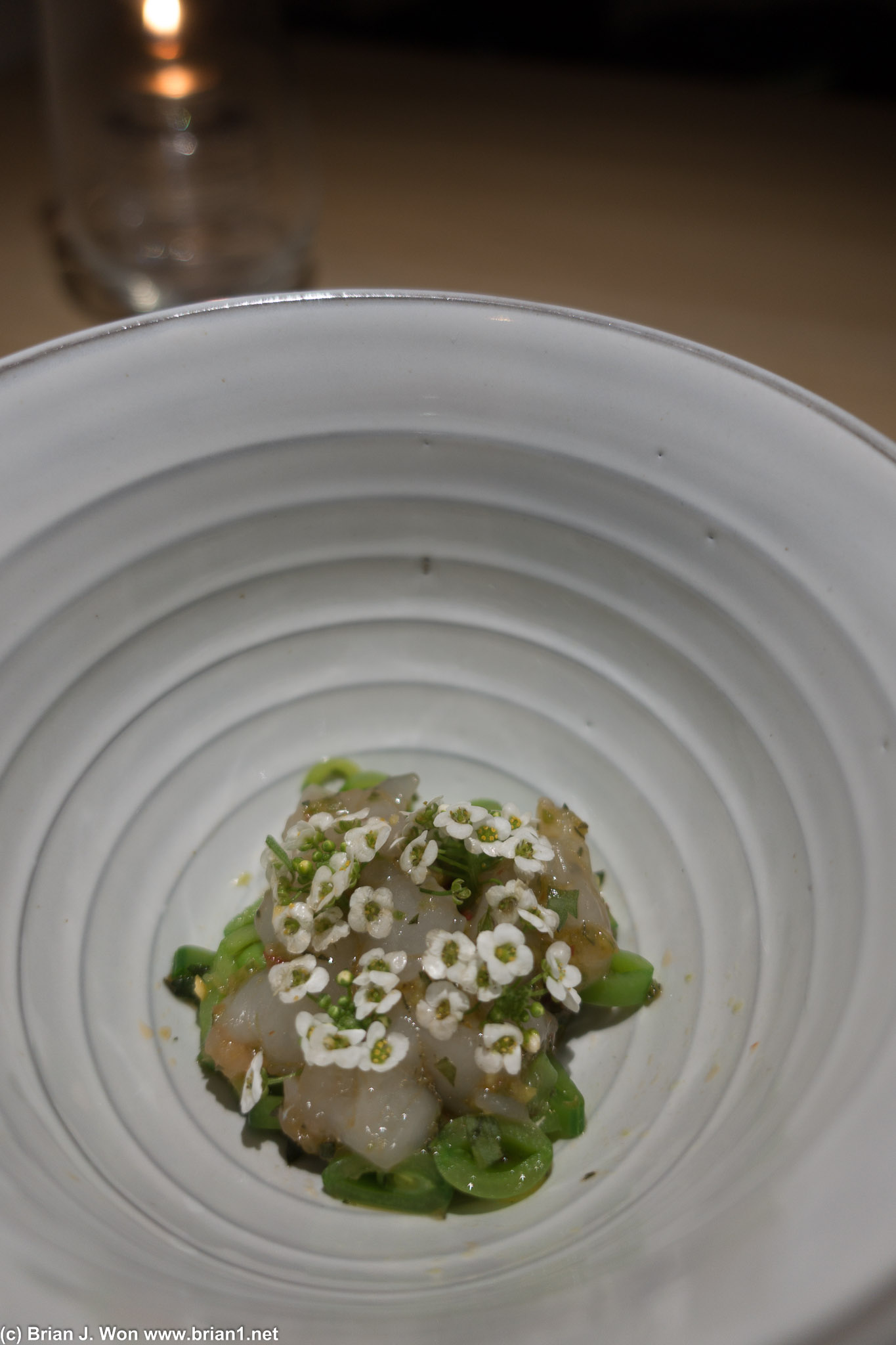 Spot prawn with snap peas, roasted ginger oil and vingarette. Yummy, but too many greens.
