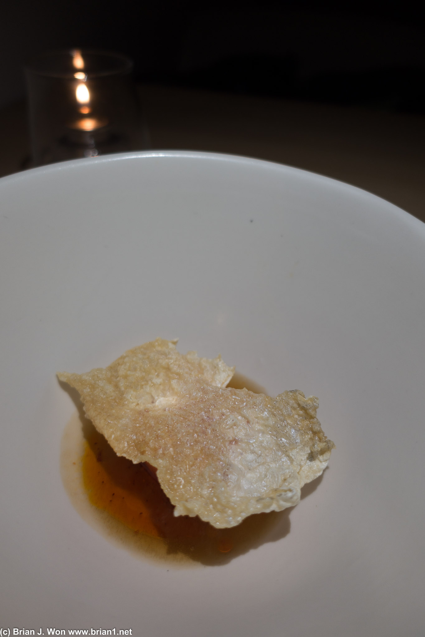 Lightly smoked ocean trout with sake and chili oil, plus trout roe under the trout chip. Not quite up to its full potential.
