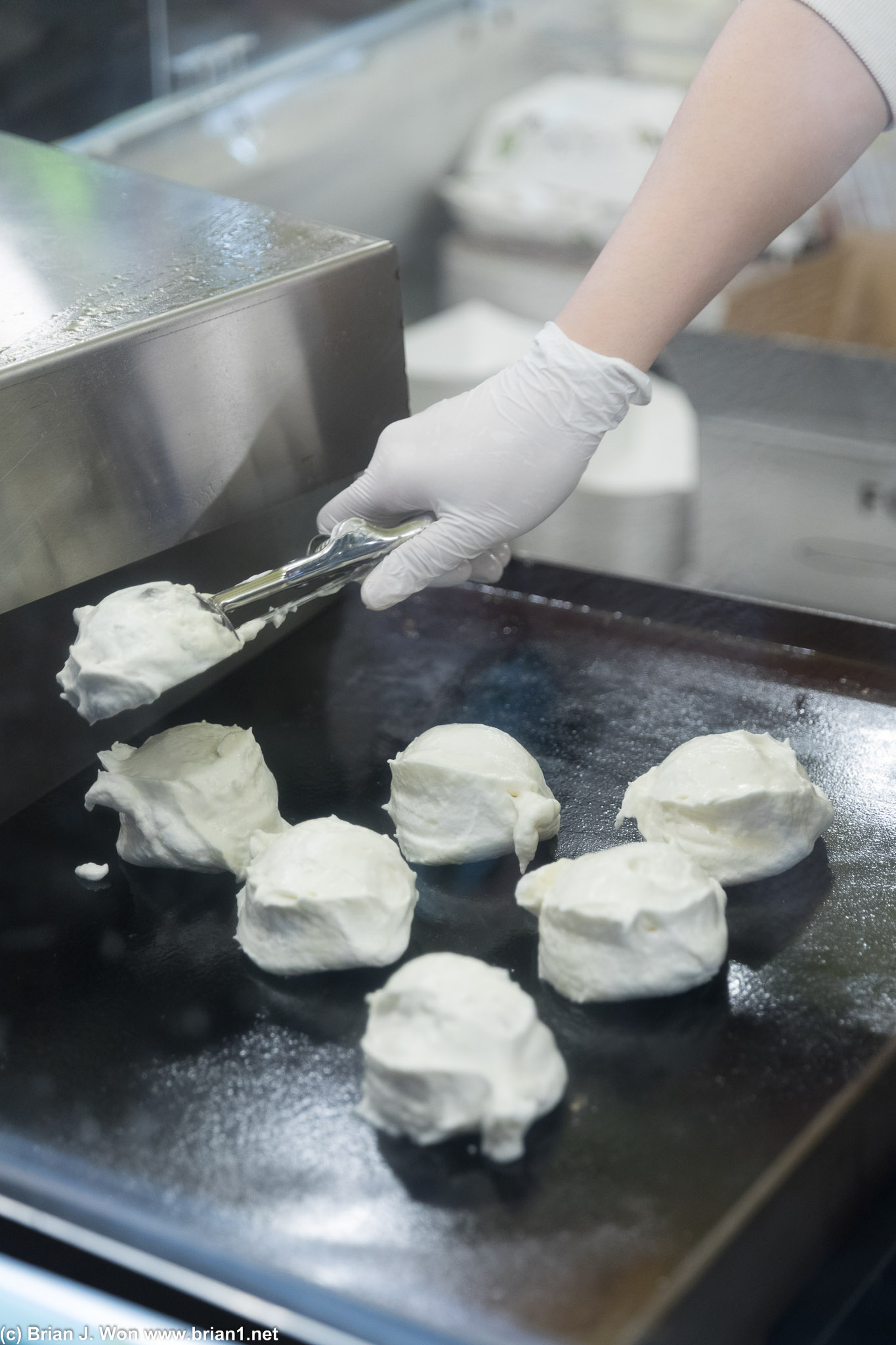 One of four batches of souffle pancakes being done simultaneously.