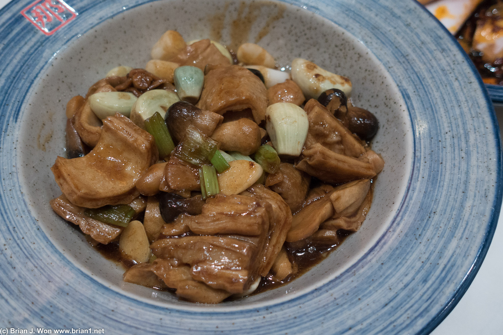 Pork intestine and green garlic. Too vinegary-- might be a nice counterpoint to the shrimp, but not by itself. A miss.