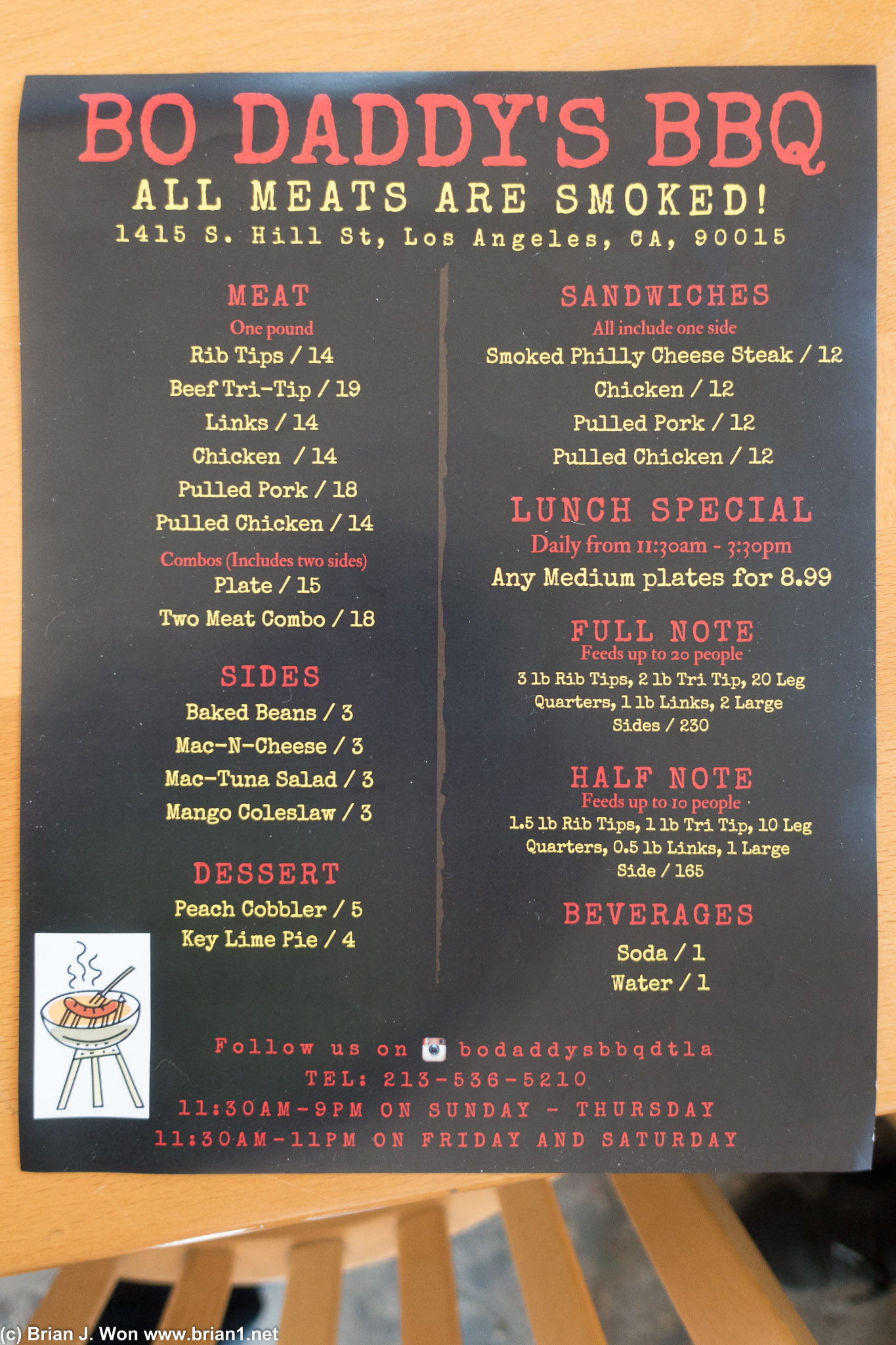 Printed menu at Bo Daddy's BBQ.