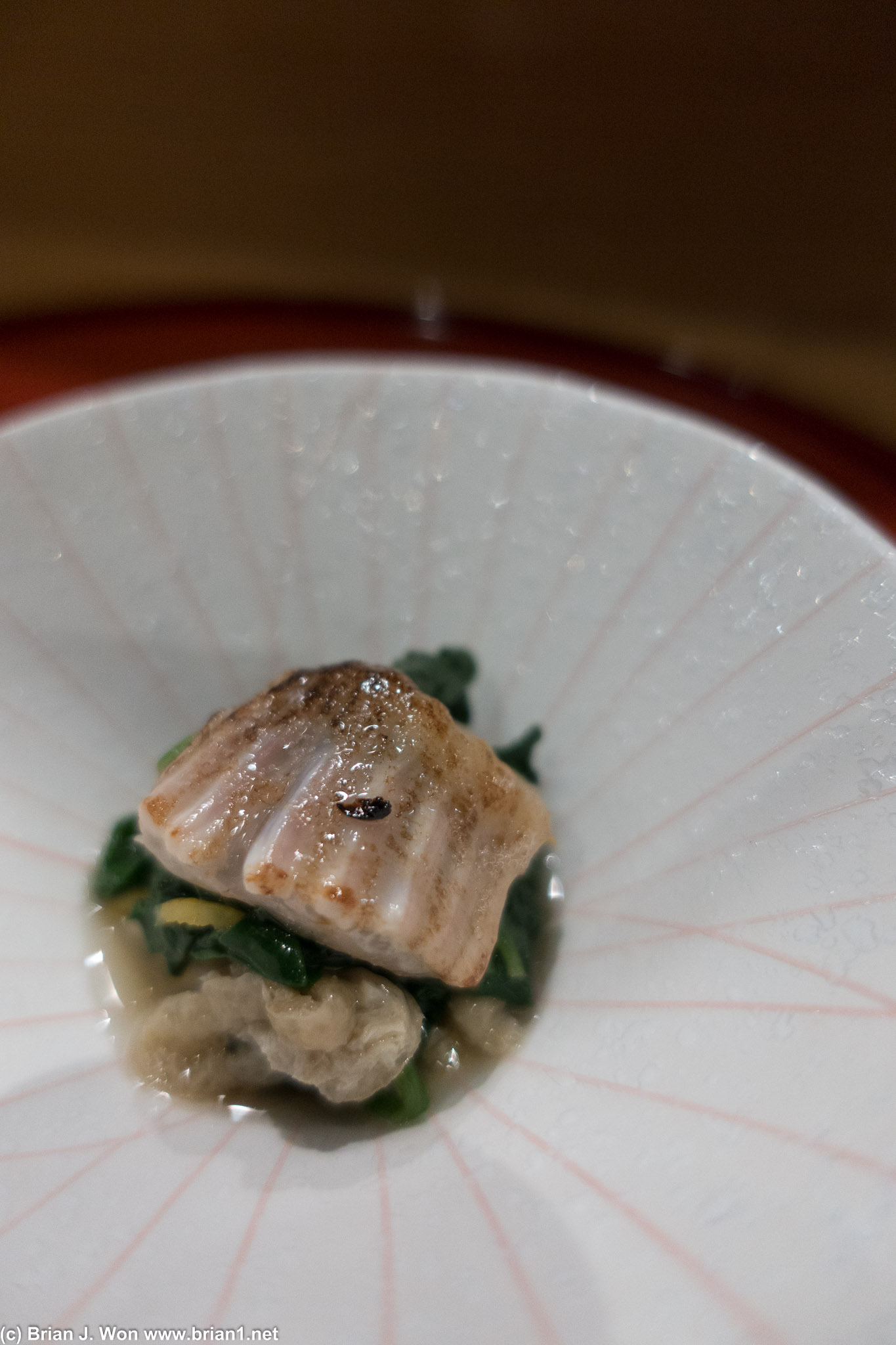 Shark skin flounder fin atop spinach (?).