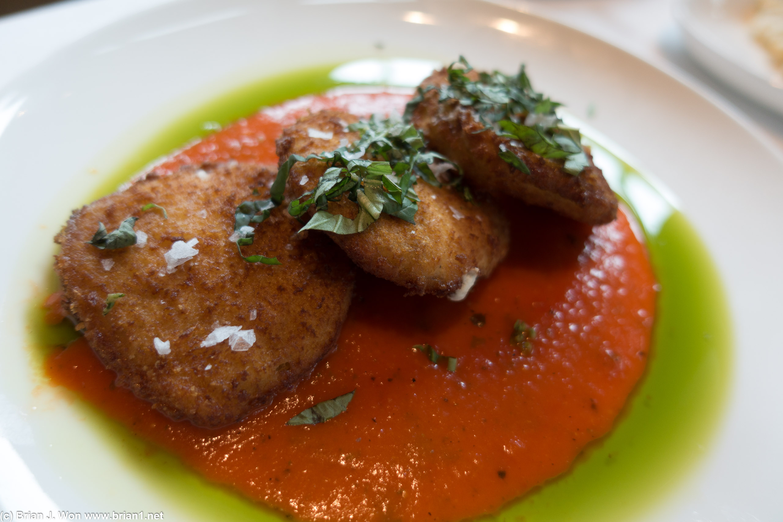 Fried tomatoes, considering it's off-season-- were excellent. Breading was just right.