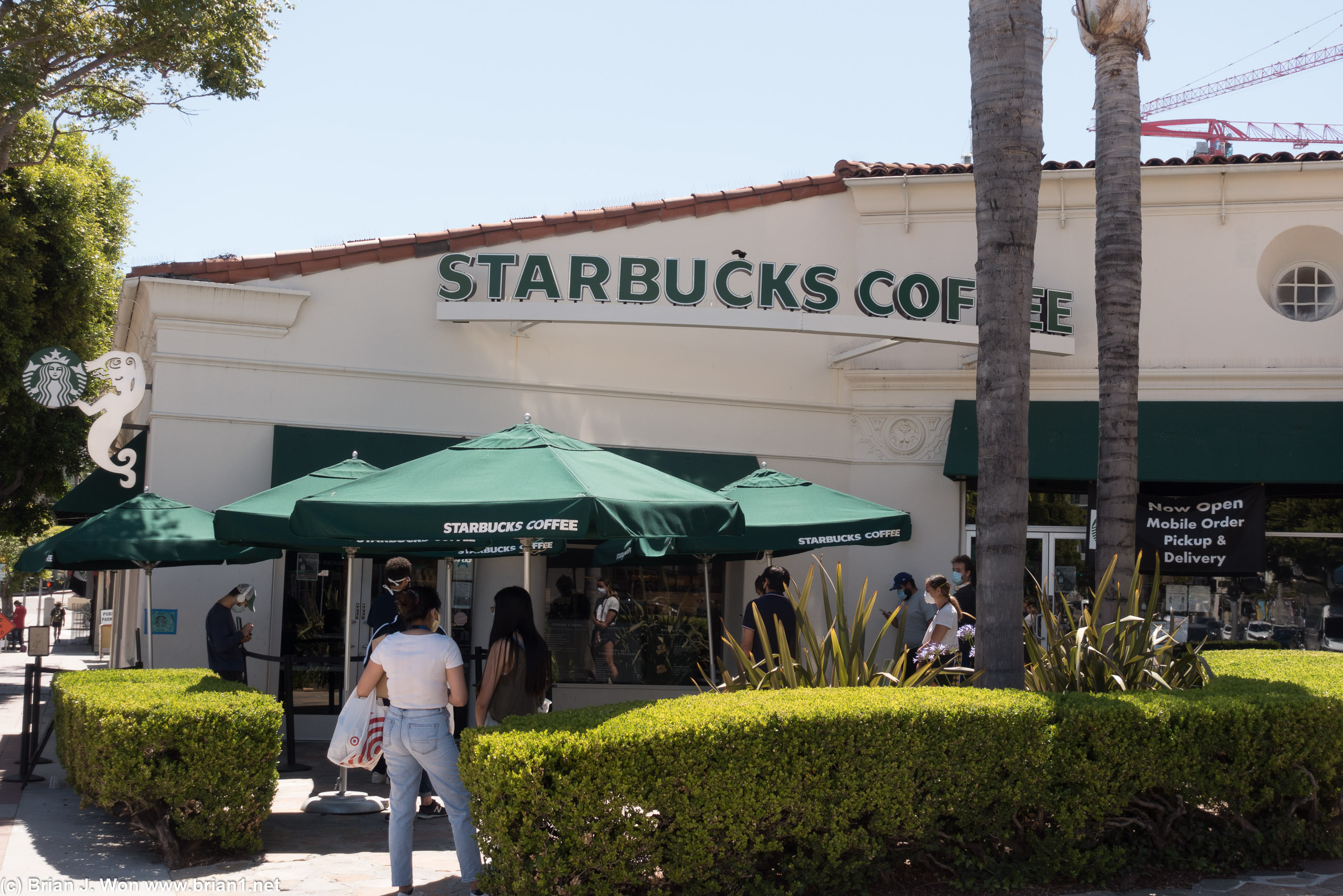 Social distancing outside Starbucks.