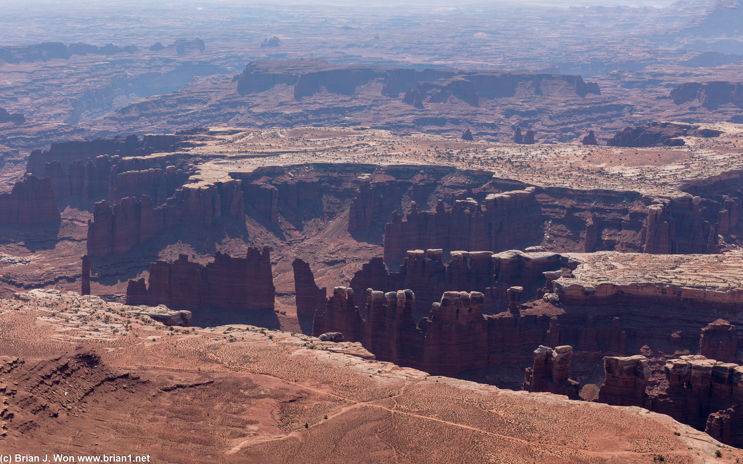 Even a hazy day cannot disguise Canyonlands Natonal Park's crazy landscape.