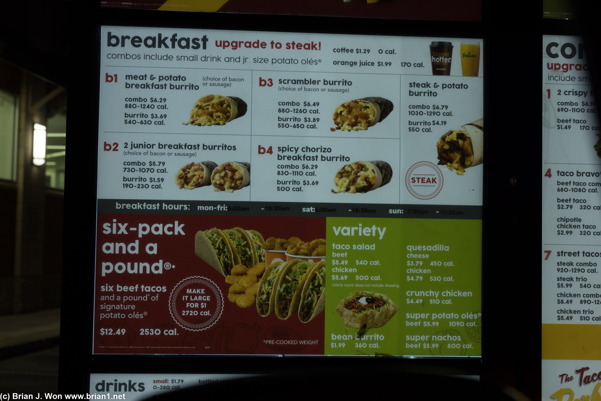 Menu at Taco John's.