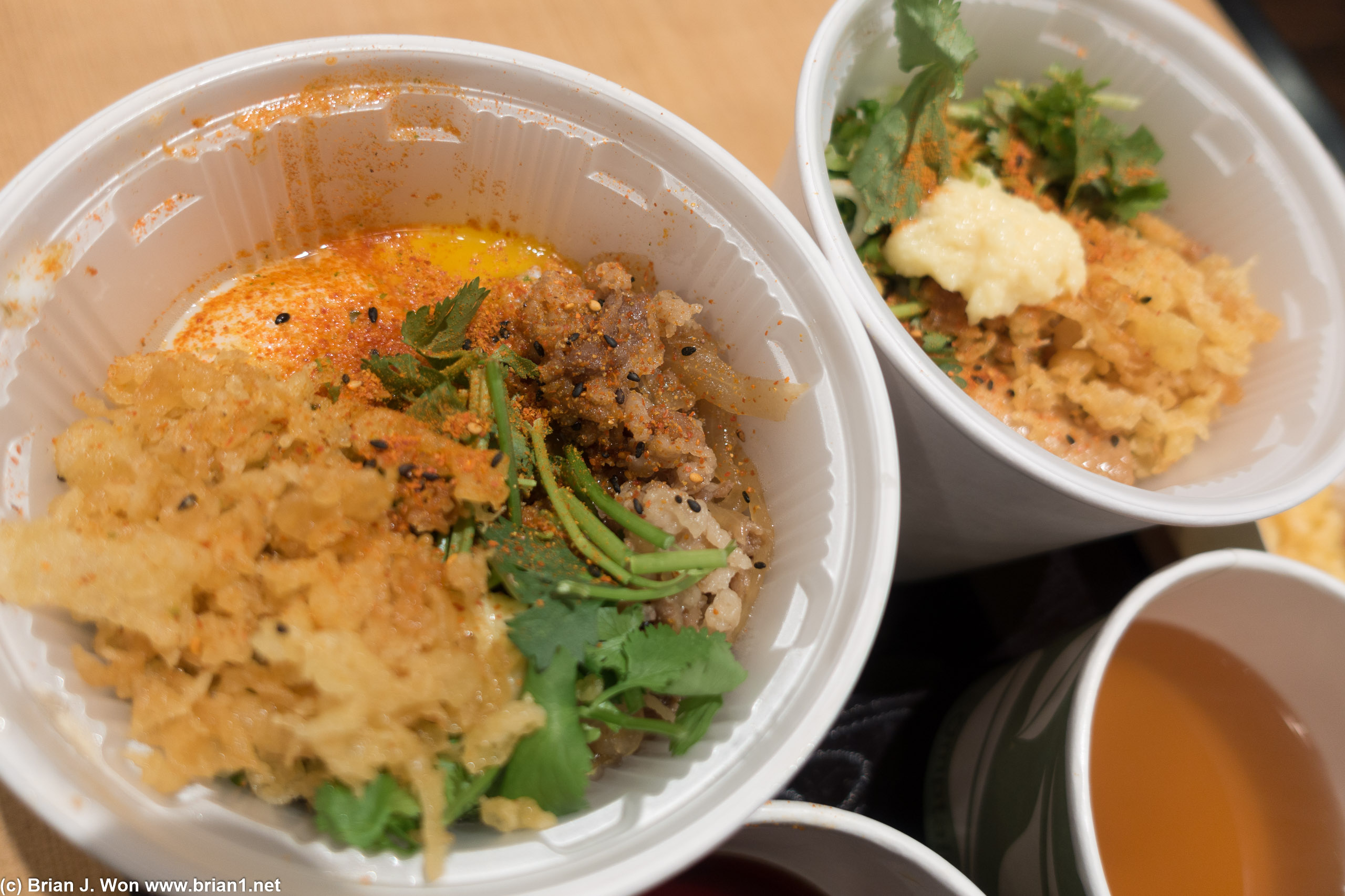 Paired up. Garnished both with tempura crumbs, cilantro, etc..