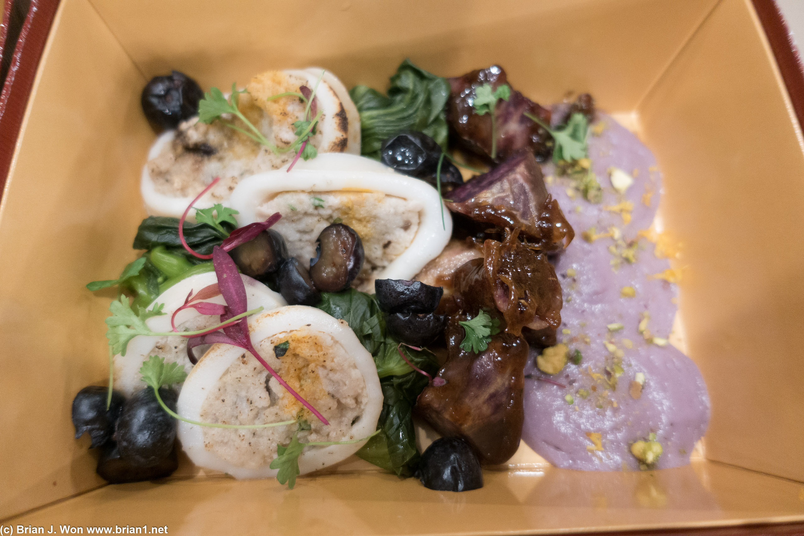 Squid soondae and ube mattag. Stuffed squid rings with pork belly and scallions-- amazing. Candied ube was also an unexpected delight.