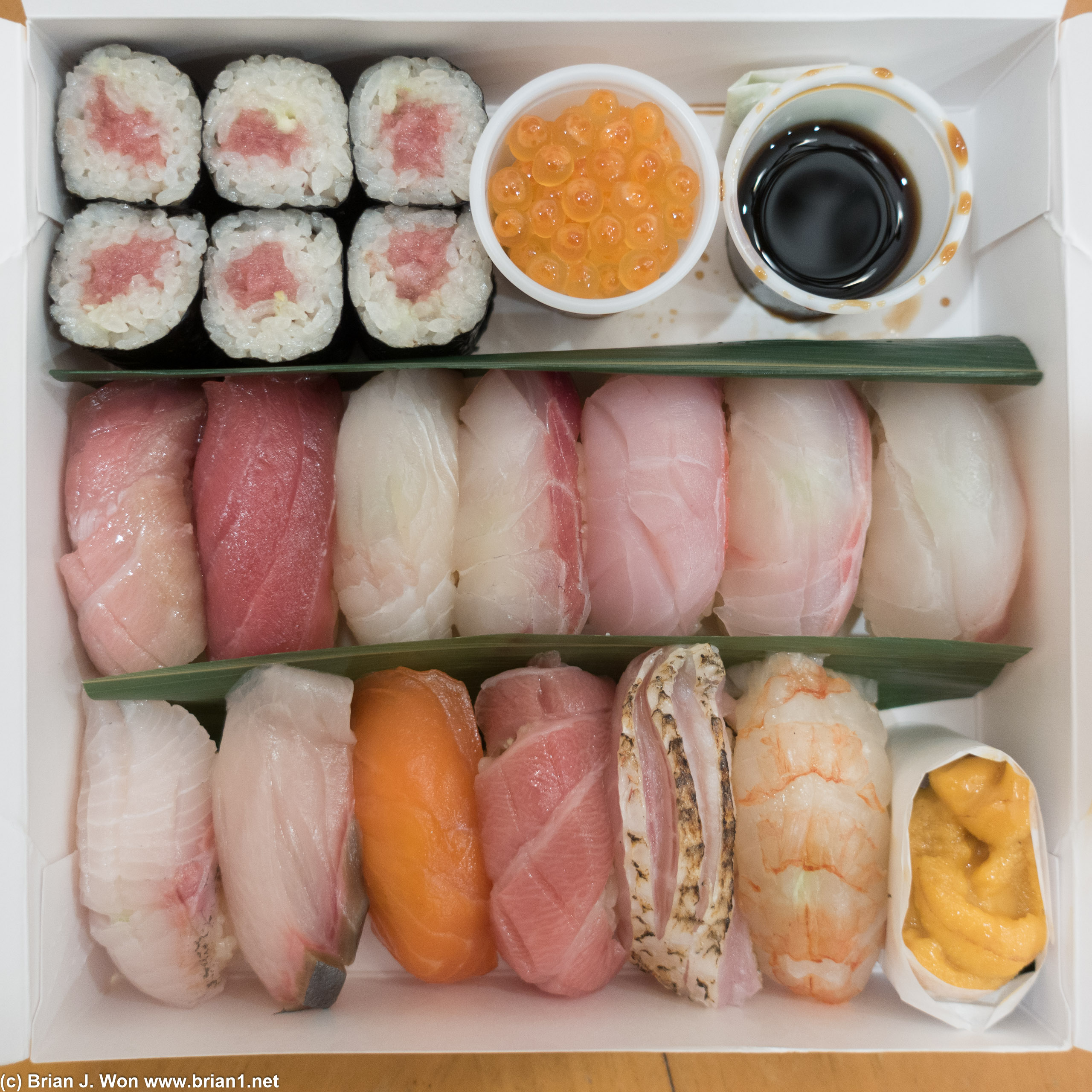 Toro cut roll, ikura (salmon roe), chutoro, maguro, hirame (halibut), kuro dai (black seabream), kinmedai (golden eye snapper), ishi dai (stone snapper), madai (red snapper), shimaaji (jack mackerel), kanpachi (amberjack), masu (ocean trout), otoro, nodoguro (black throat seaperch), amaebi (live sweet shrimp), bafun uni (Japanese sea urchin).