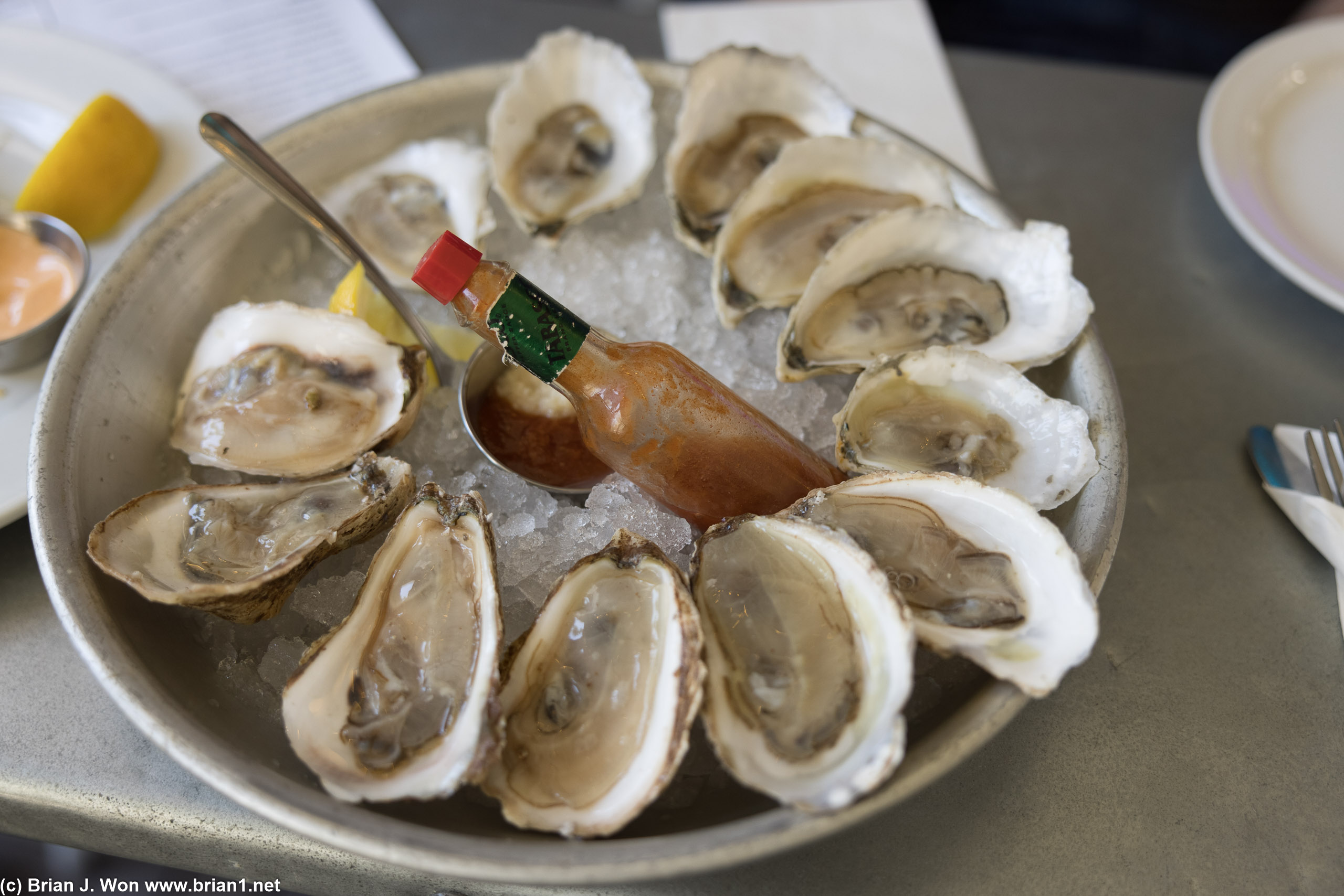 Norumbega and Caraquet oysters. One was very mild, the other a bit briney.