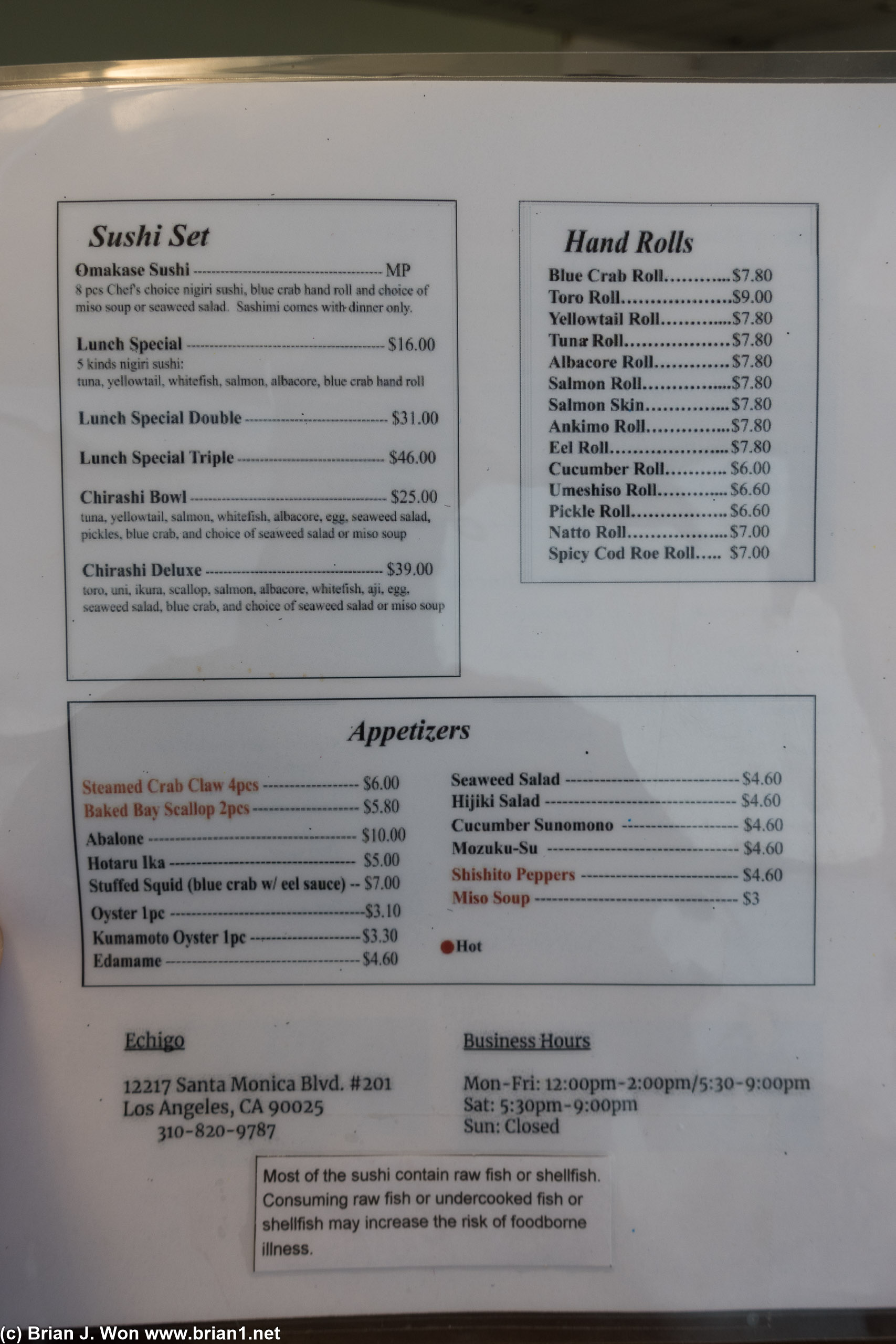 Menu at Echigo.