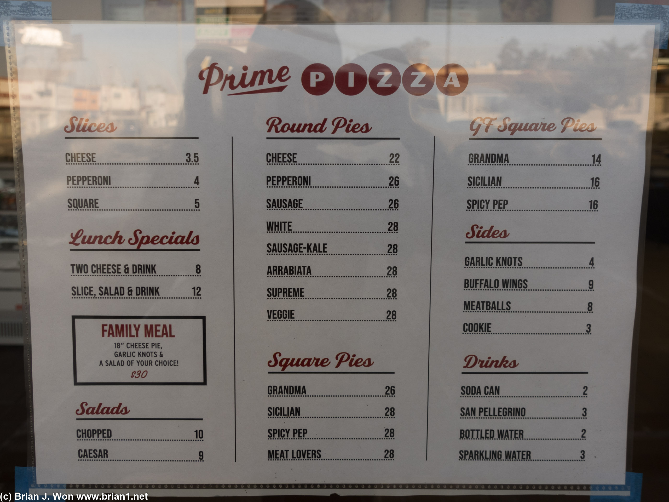 Menu at Prime Pizza's new west LA location.