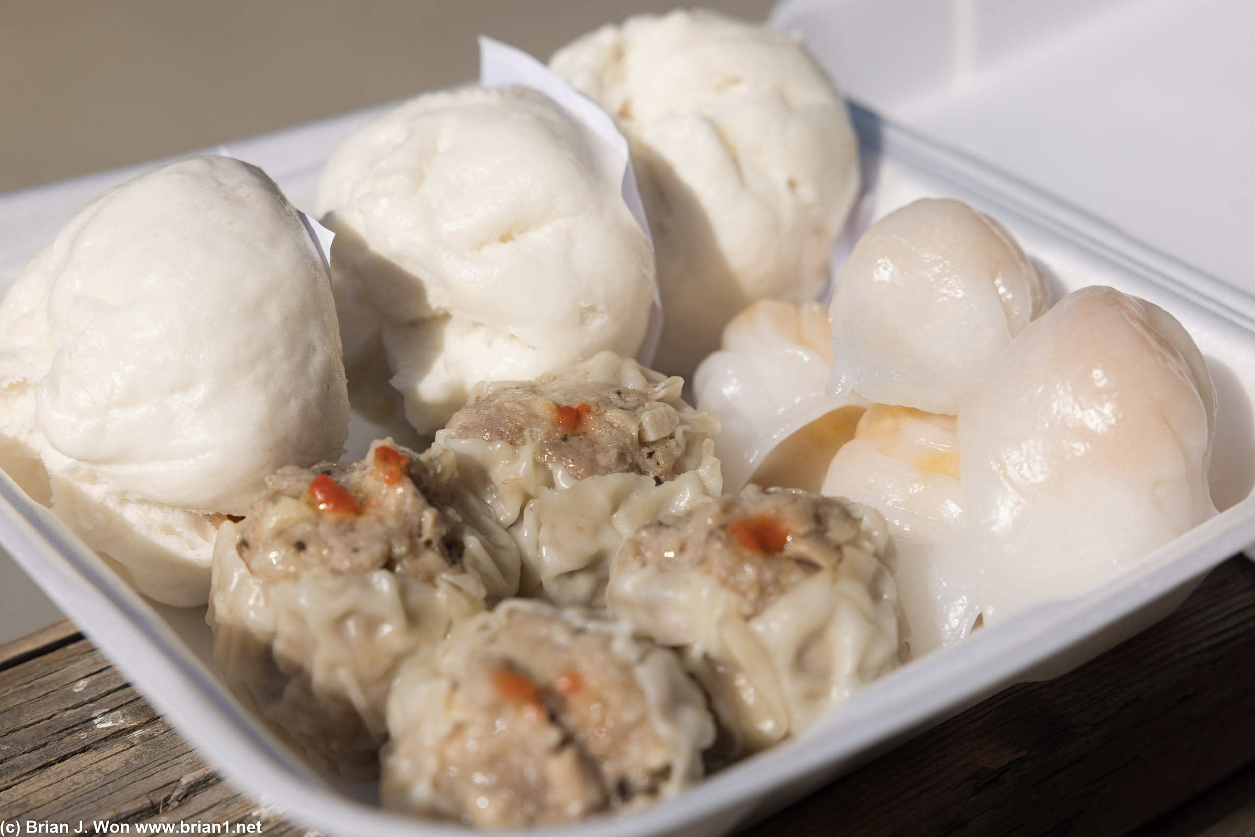 Shu mai, har gow, and char shu bao. Shu mai are OG all-pork/super thin wrapper.