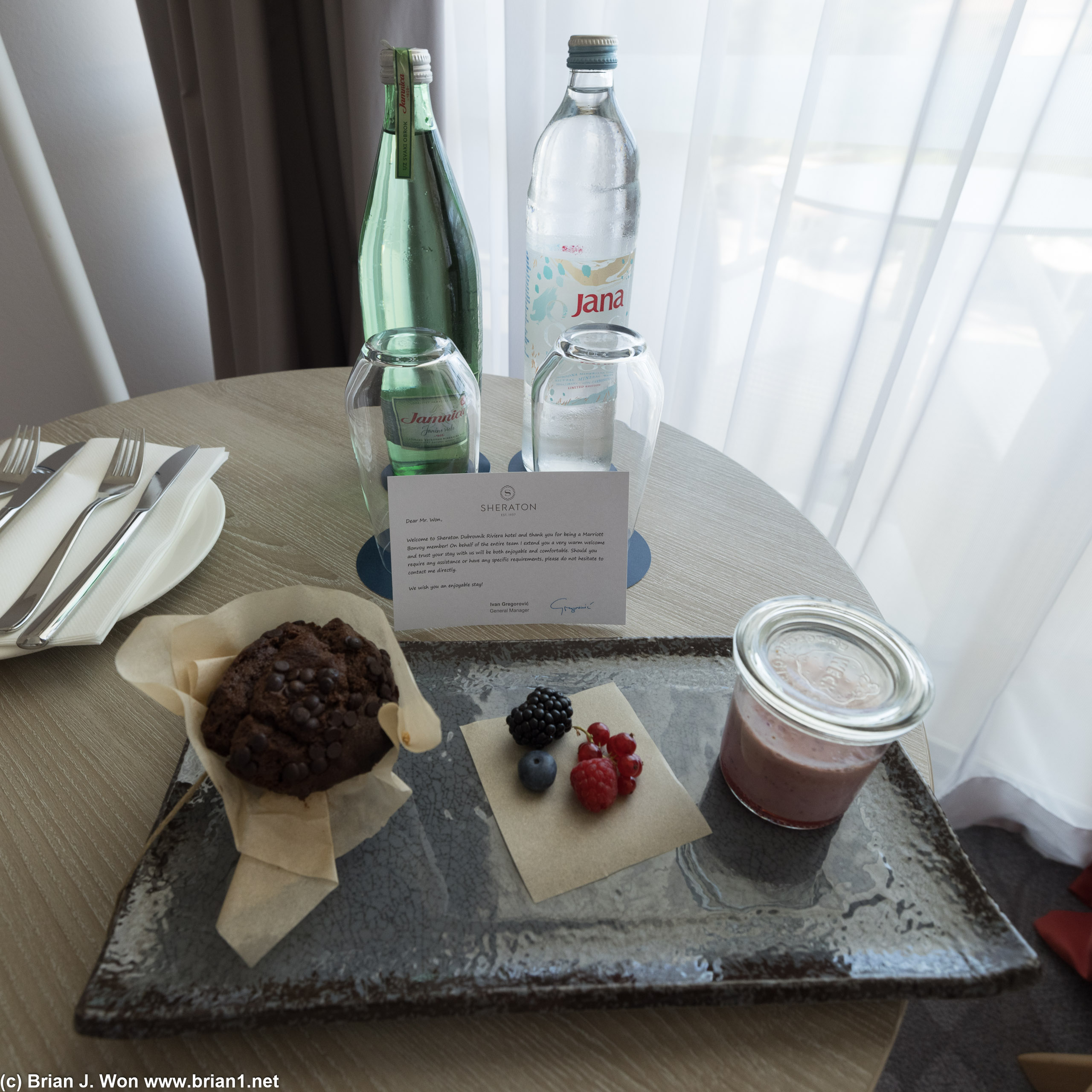 Welcome gift. Chocolate muffin from the breakfast bar and a smoothie.