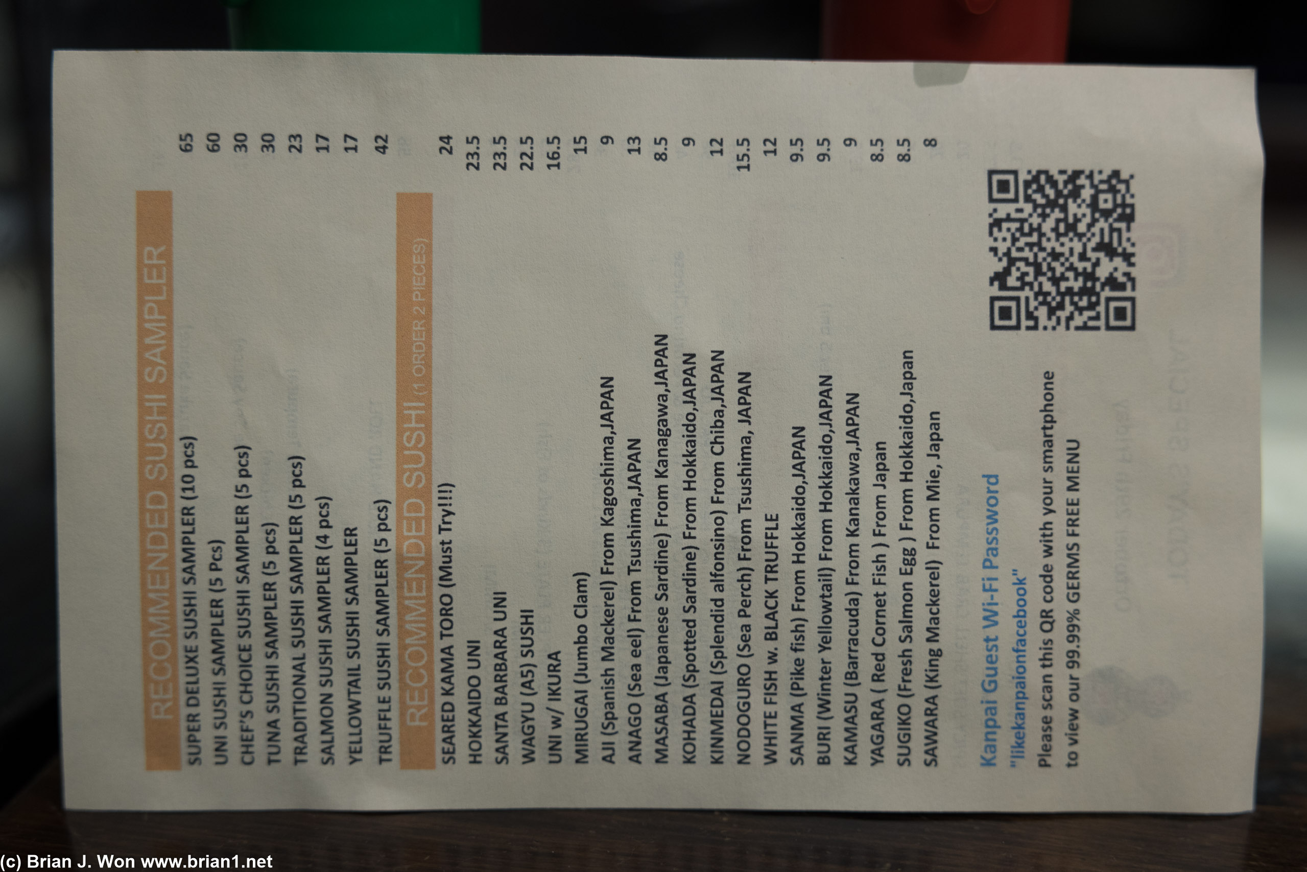 The other page of the day's specials.