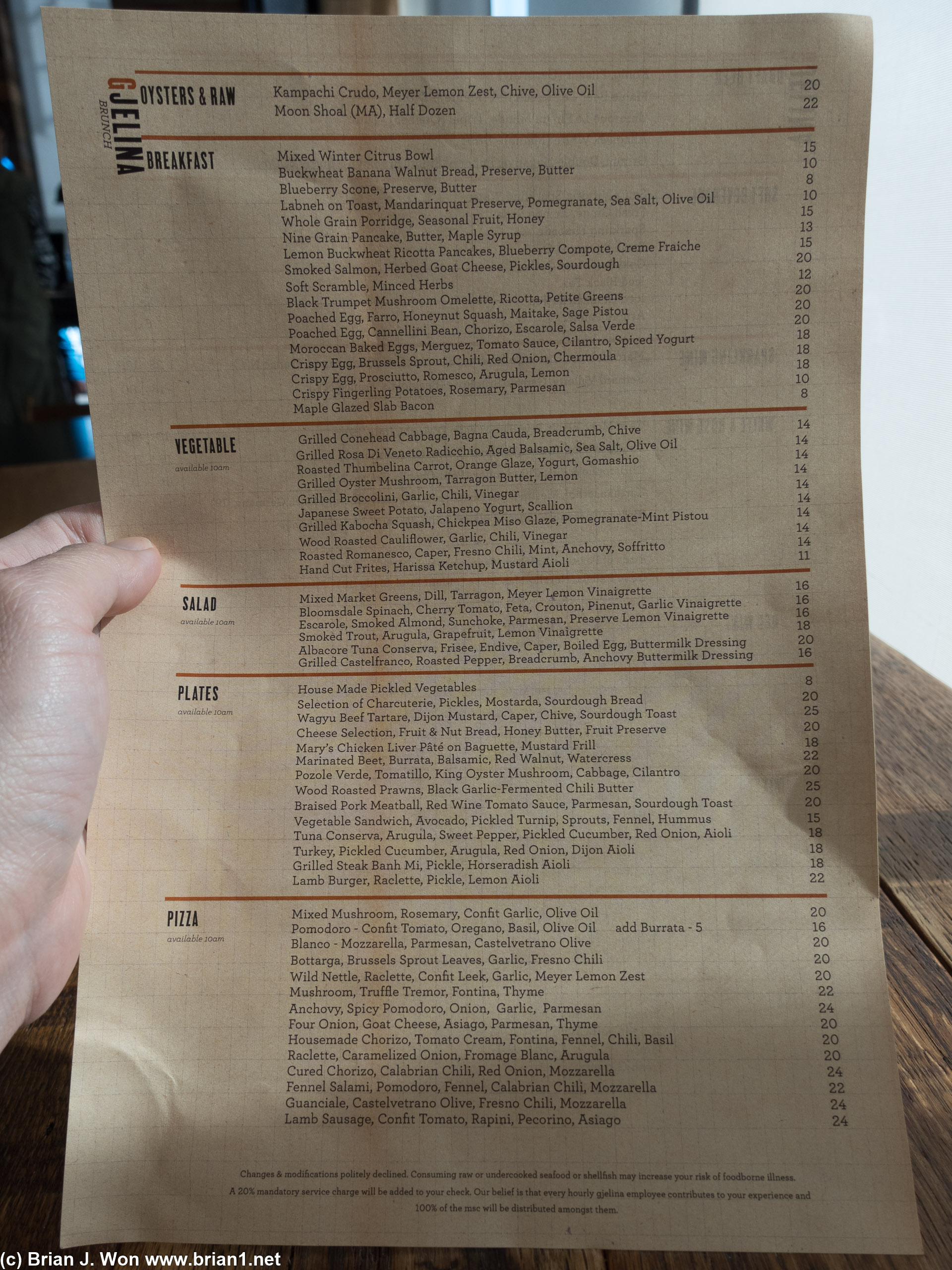 Menu at Gjelina.