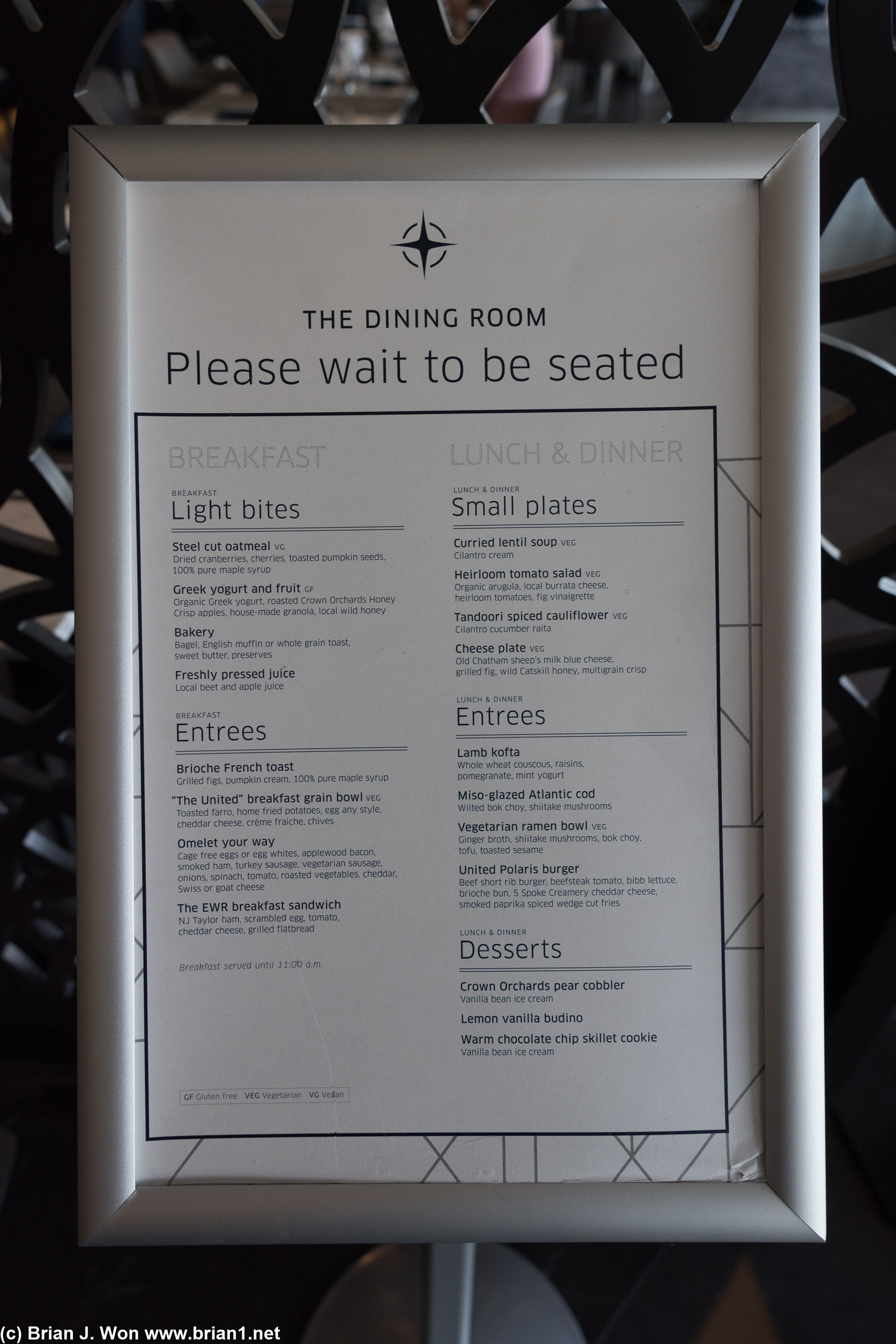 Menu at the United Polaris Lounge Dining Room.