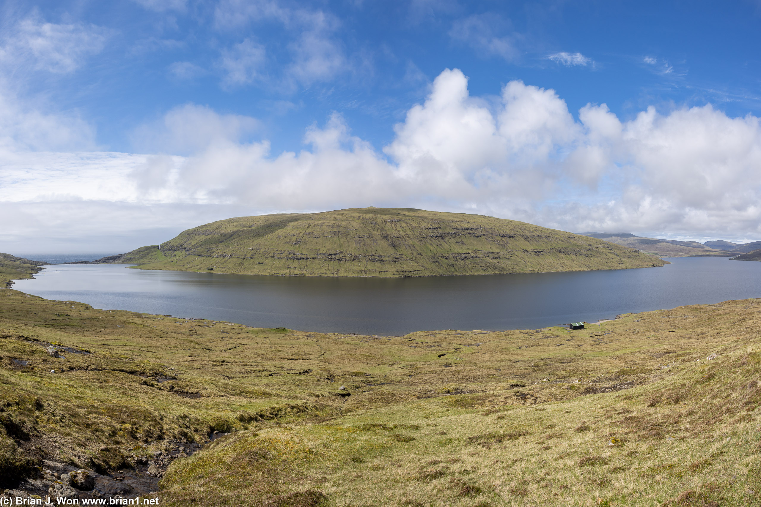 Sunny day over Sorvagsvatn, one of the lakes.