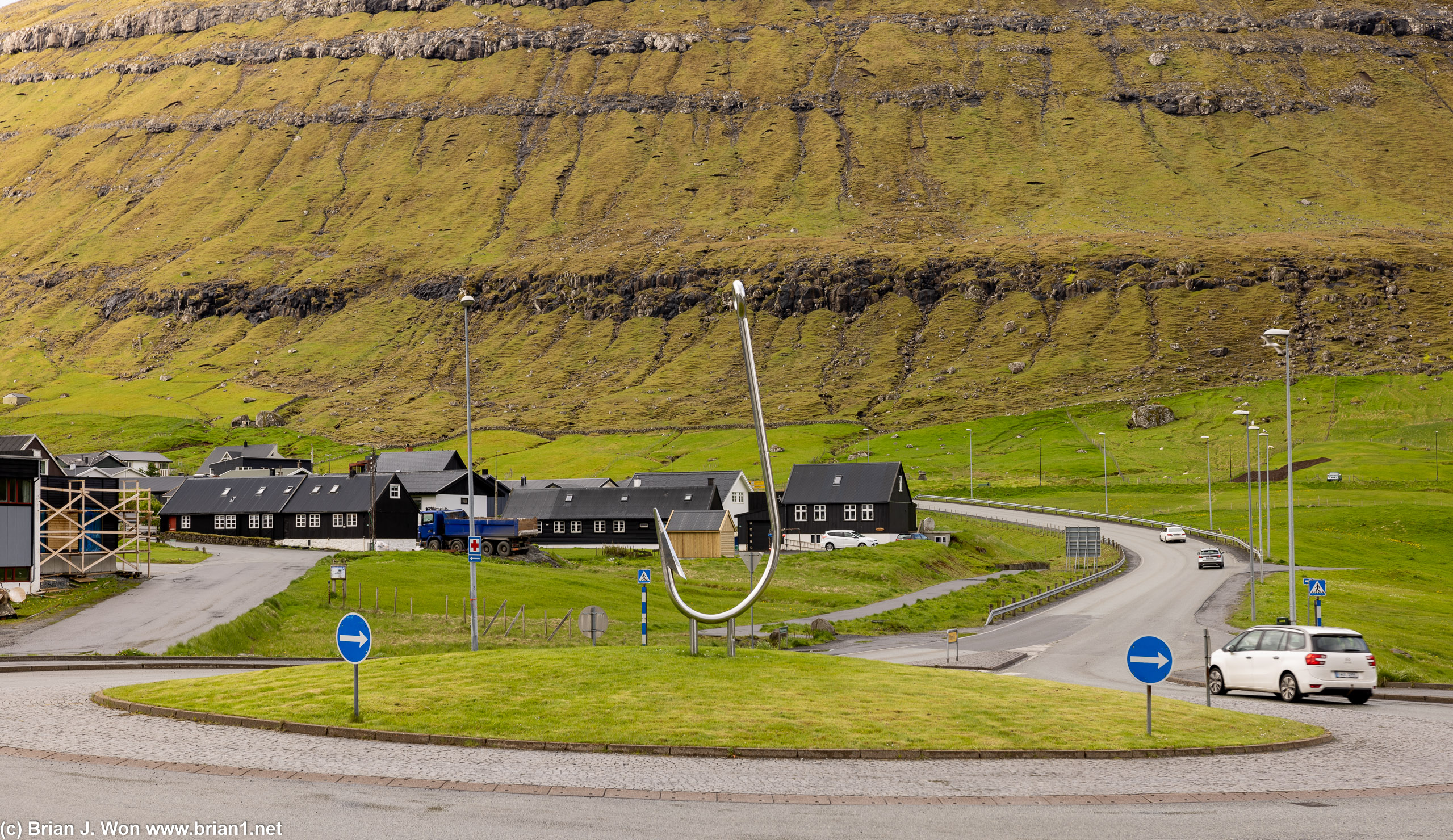 A giant fishhook is a unique way to greet visitors.