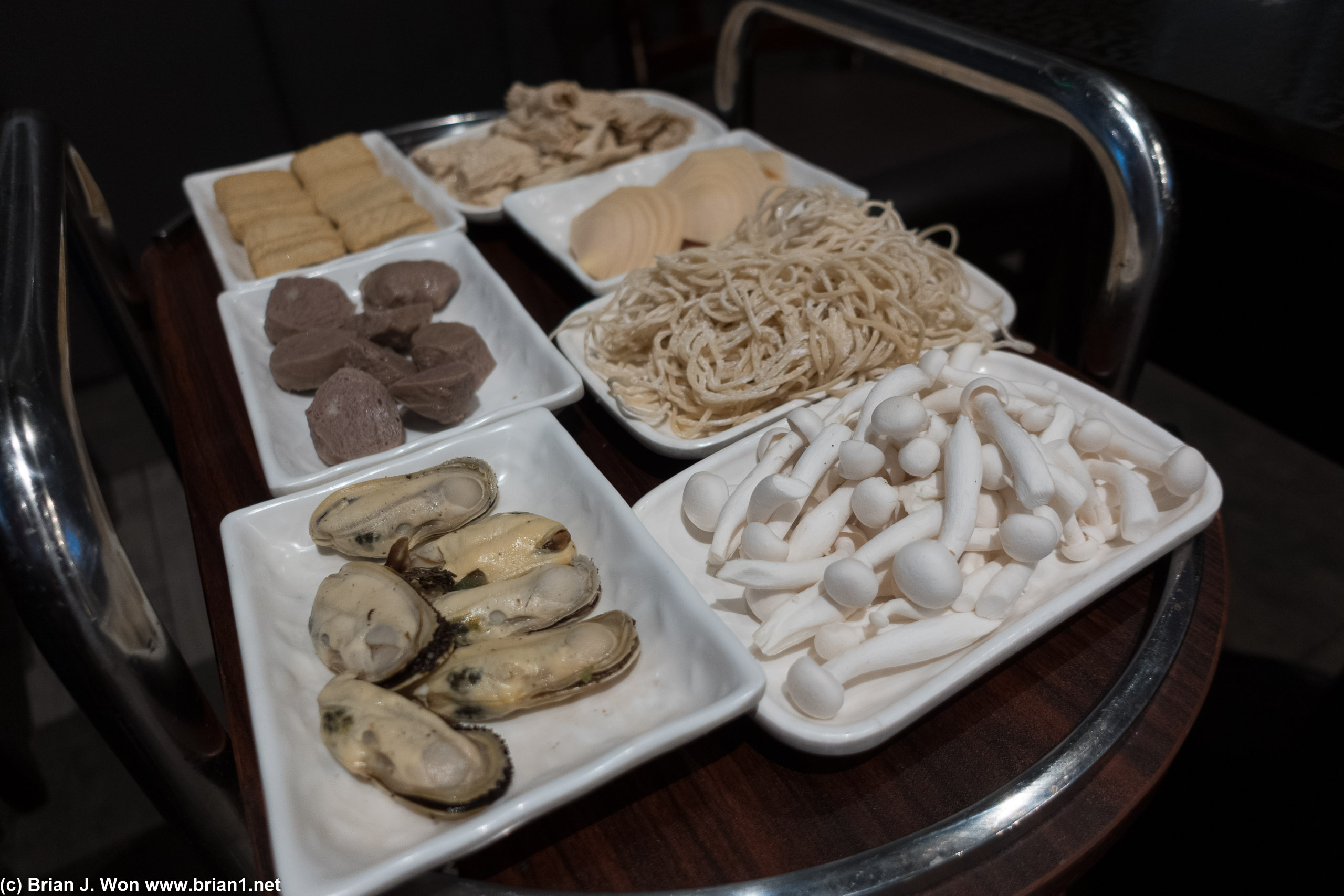 Mussels, mushrooms, beef ball, noodles...