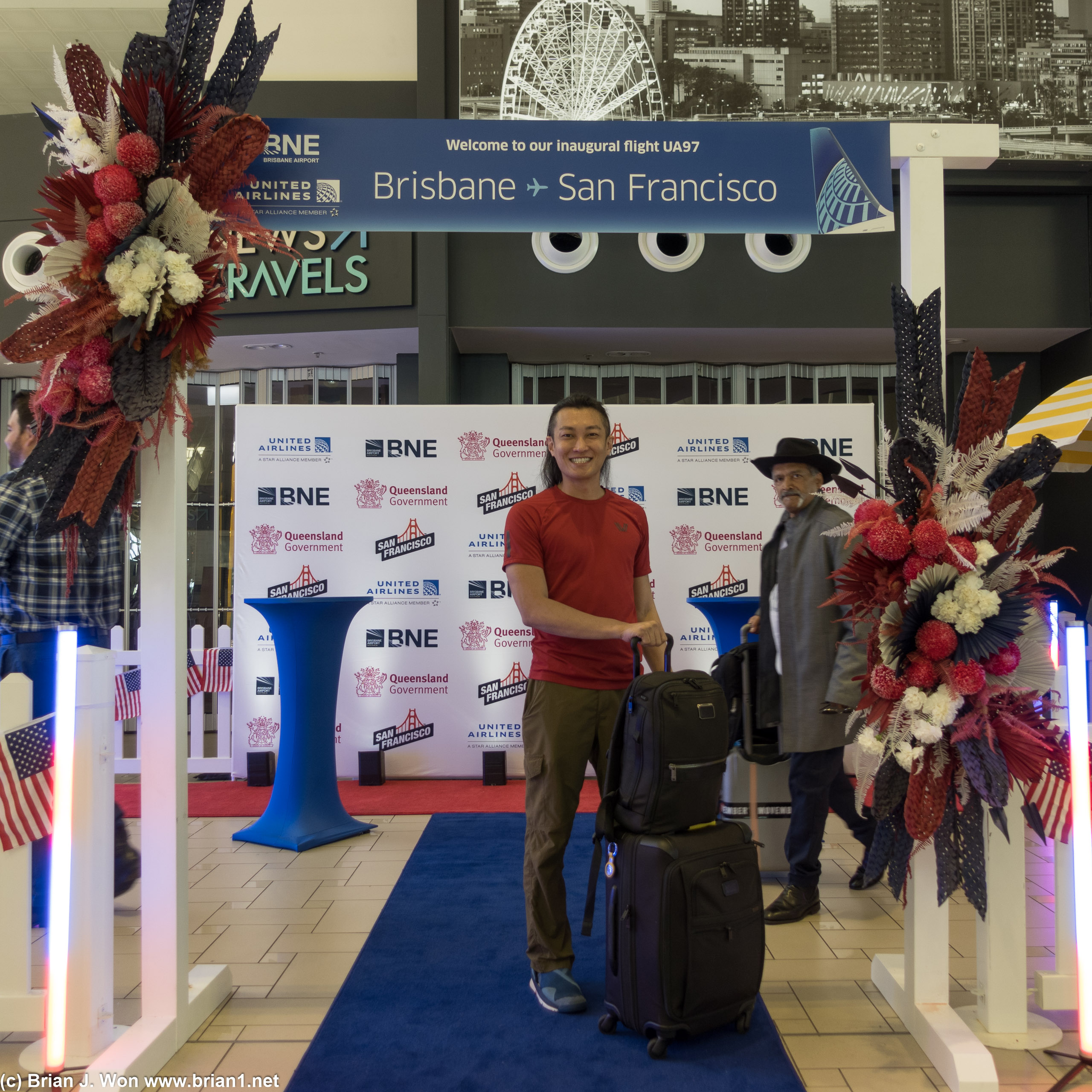 Posing for the inaugural flight from BNE to SFO, UA 97.