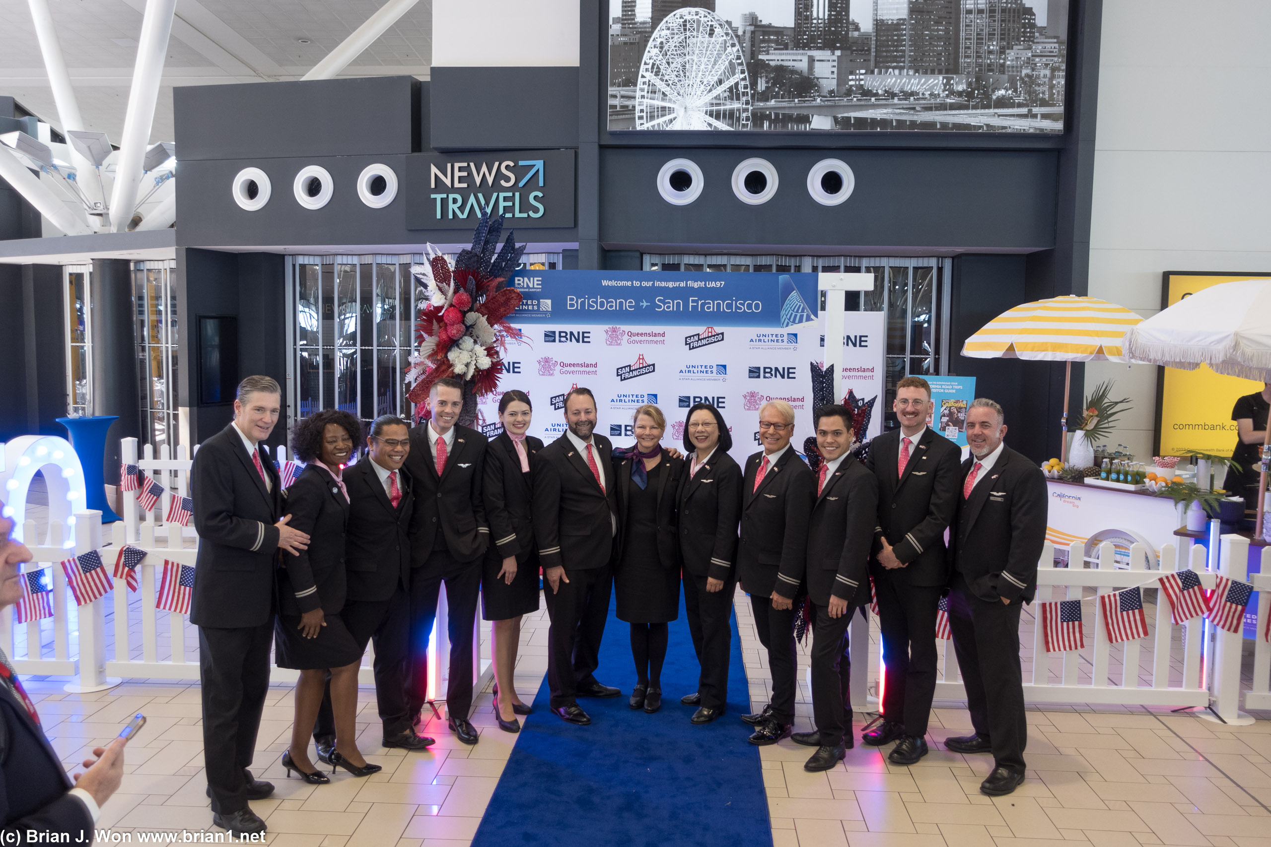 Flight attendants for yesterday's inaugural flight (UA 96, SFO-BNE) are also working the return inaugural (UA 97, BNE-SFO).
