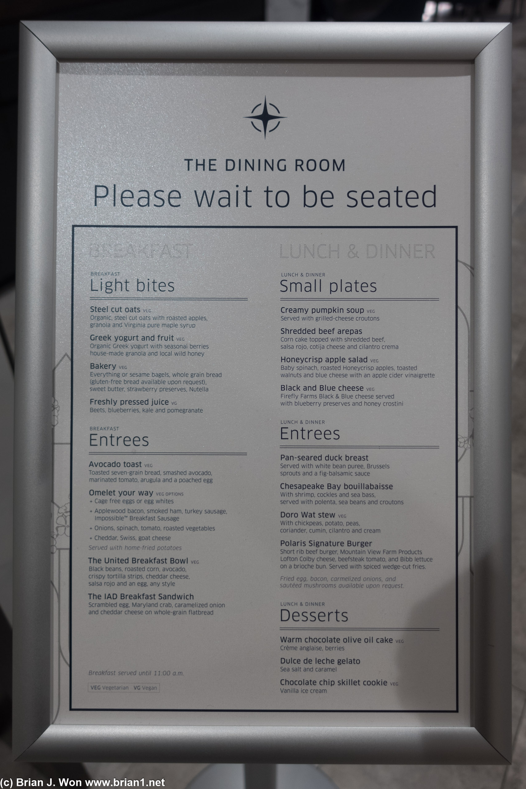 Menu at the United Polaris Dining room at IAD.