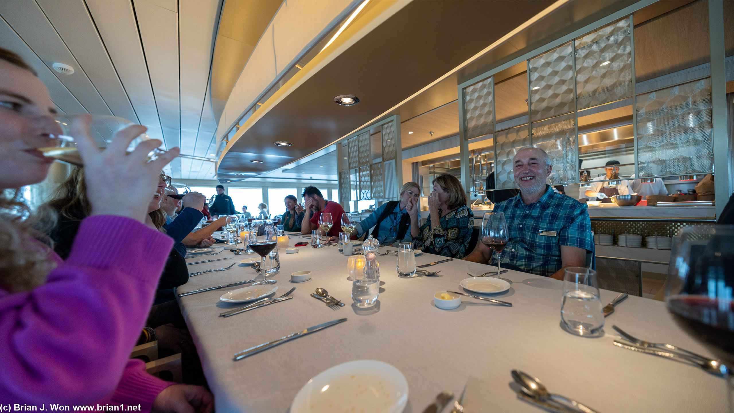 Unsure if the staff thought joining the guests for dinner was extra work.