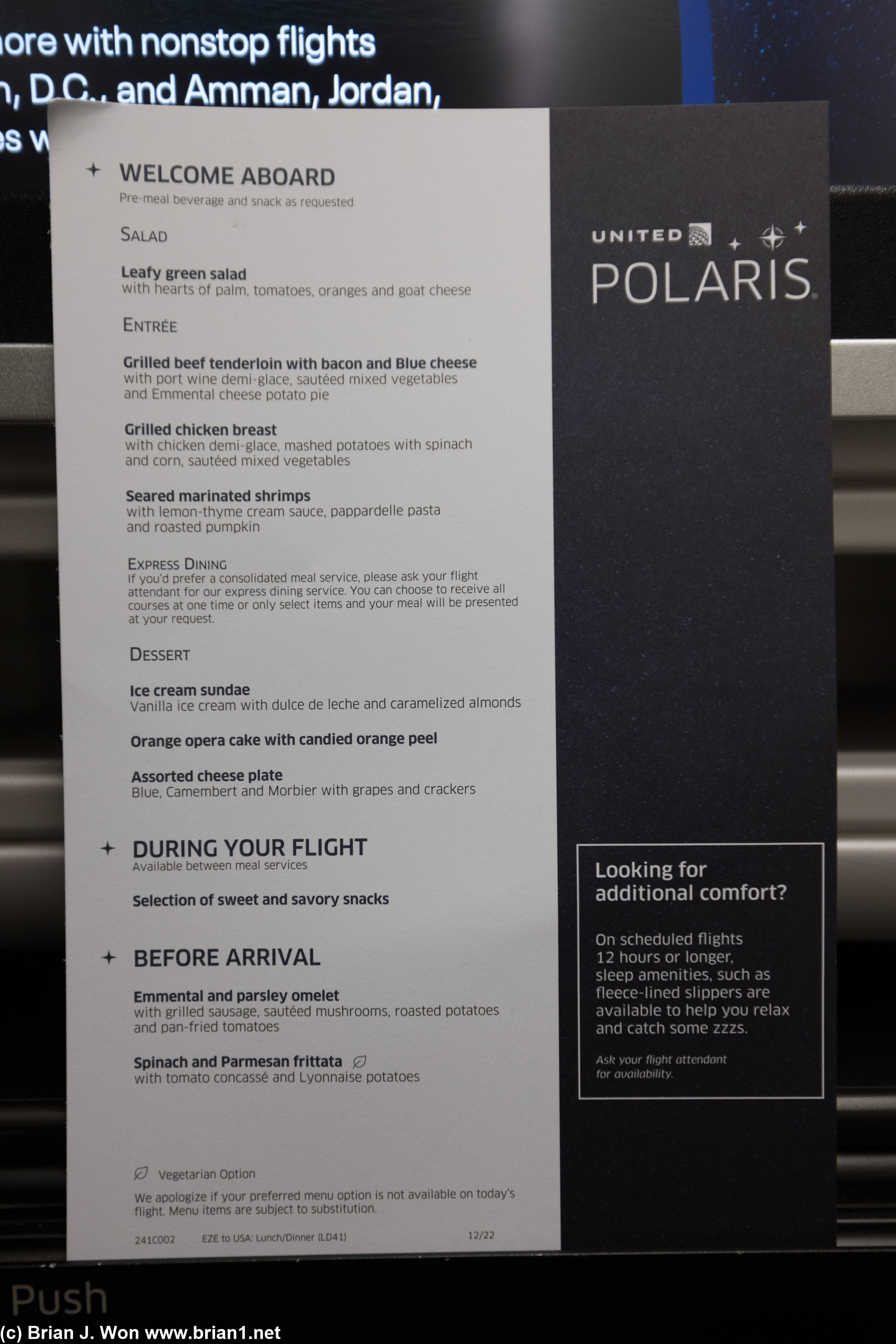 Menu onboard the return flight.