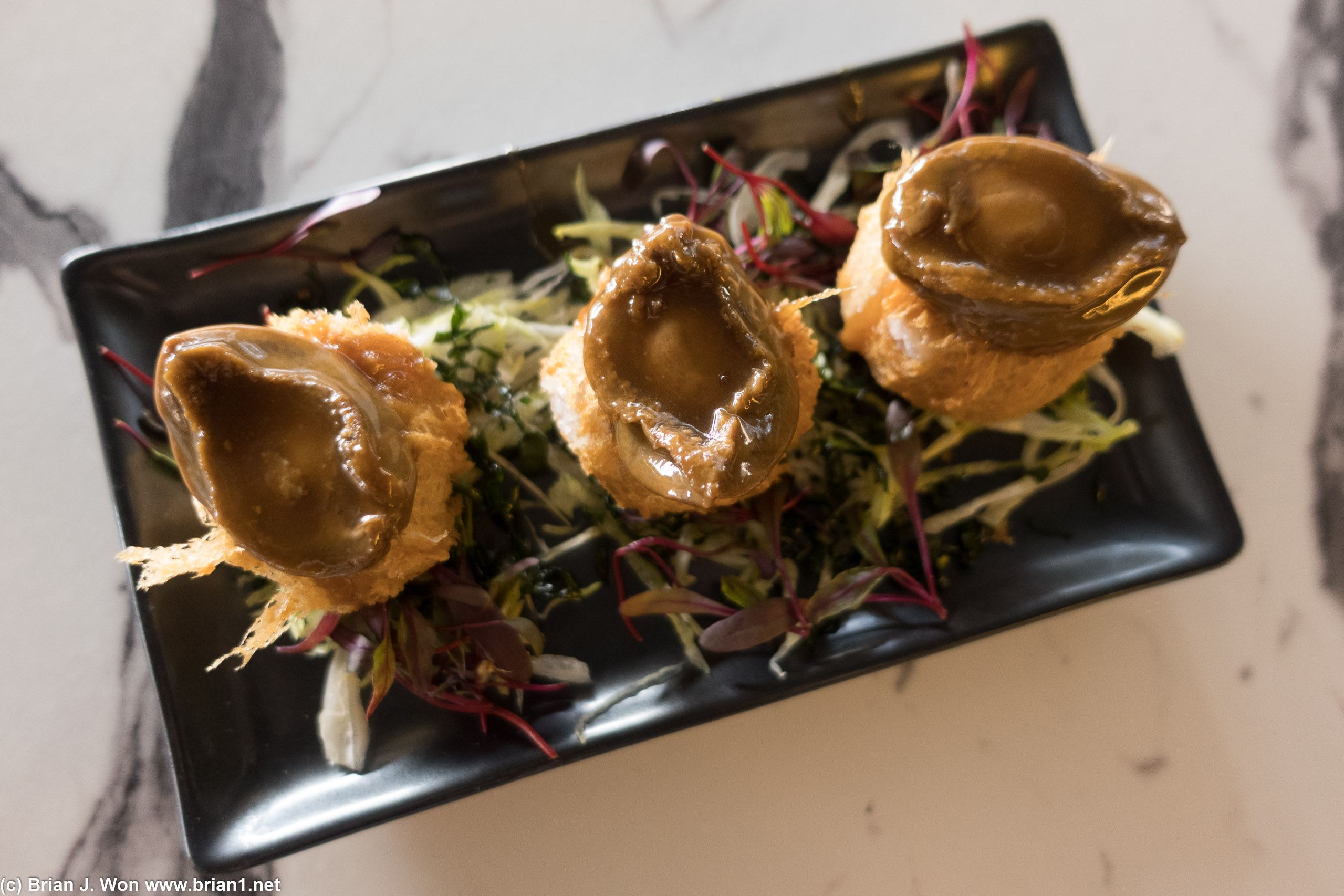 Abalone taro wu gok. Not worth the price ($12 per piece!) but fun to order once.