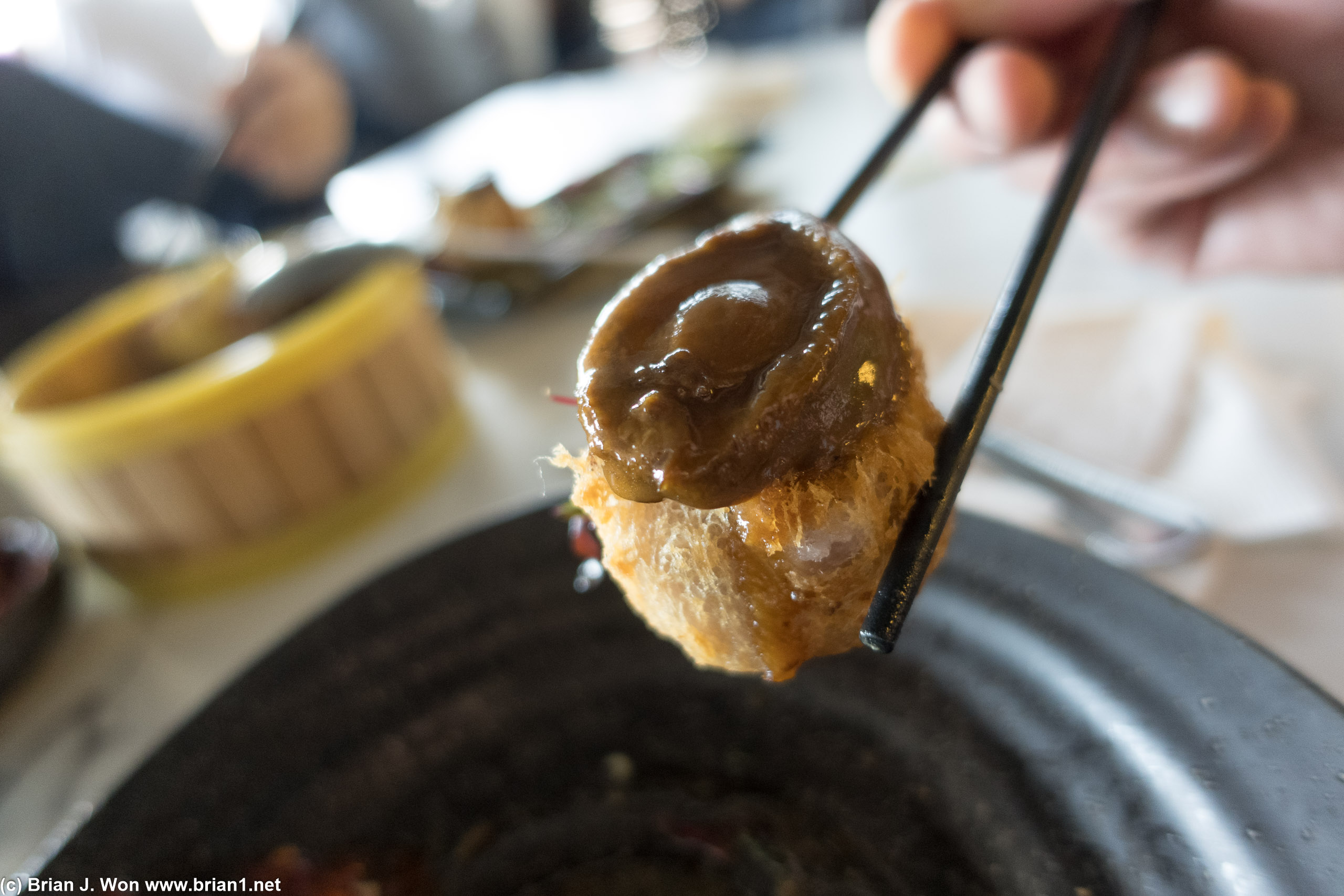 Close-up of the abalone-atop-deep-fried-taro cake.