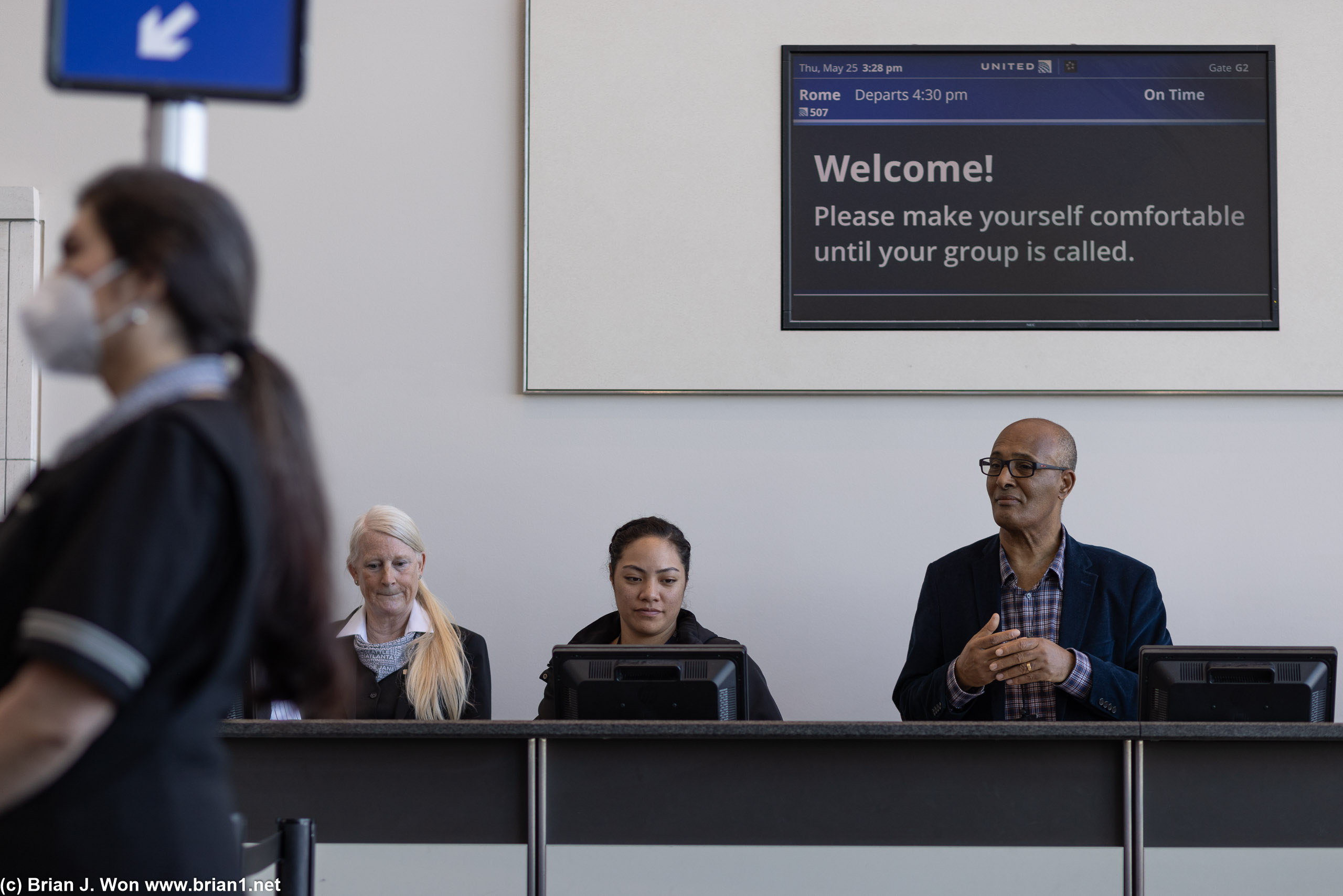 Employees waiting for boarding to start.