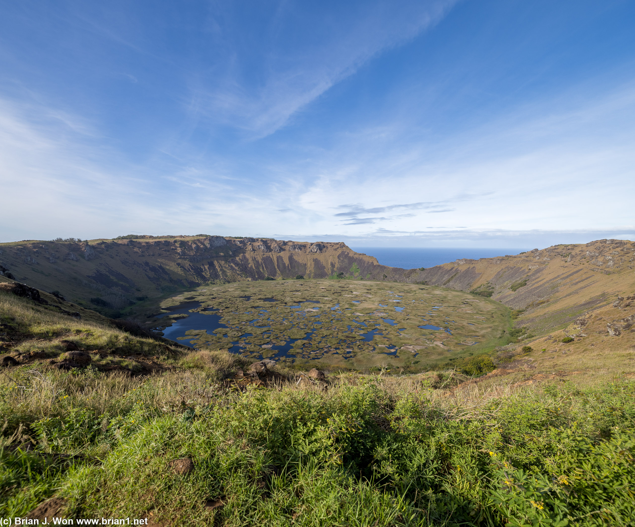 Rano Kau, an extinct volcano at the southwest corner of Rapa Nui.