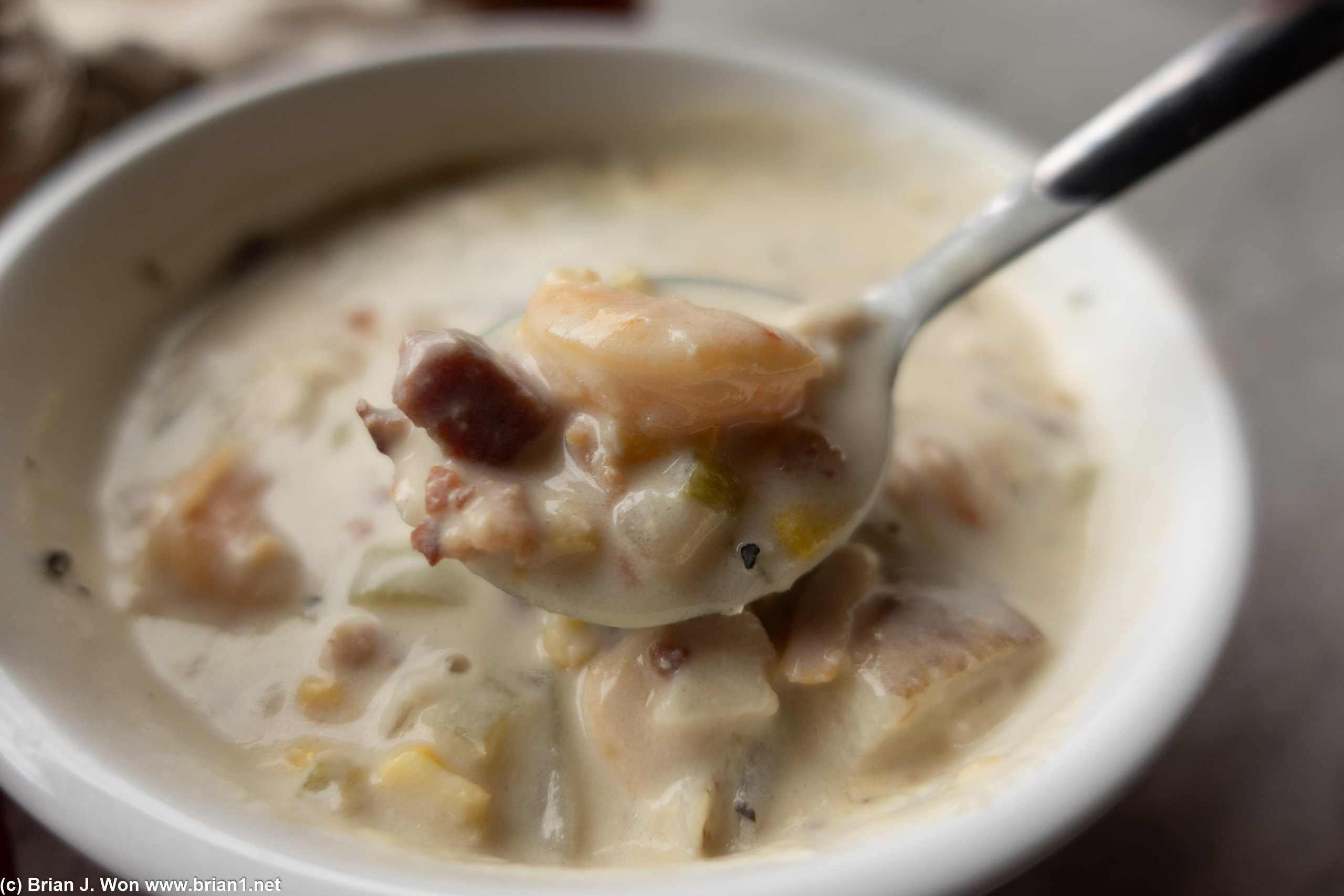 Seafood chowder was actually really good, loaded with seafood.