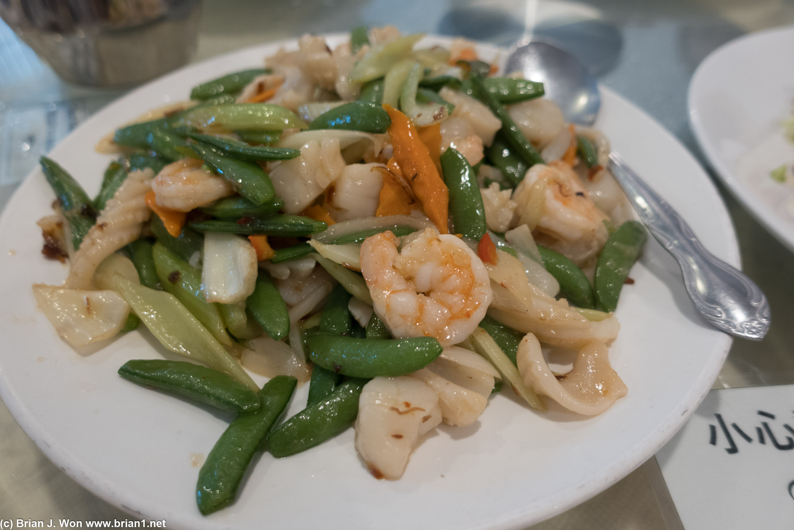 Veggies and seafood.