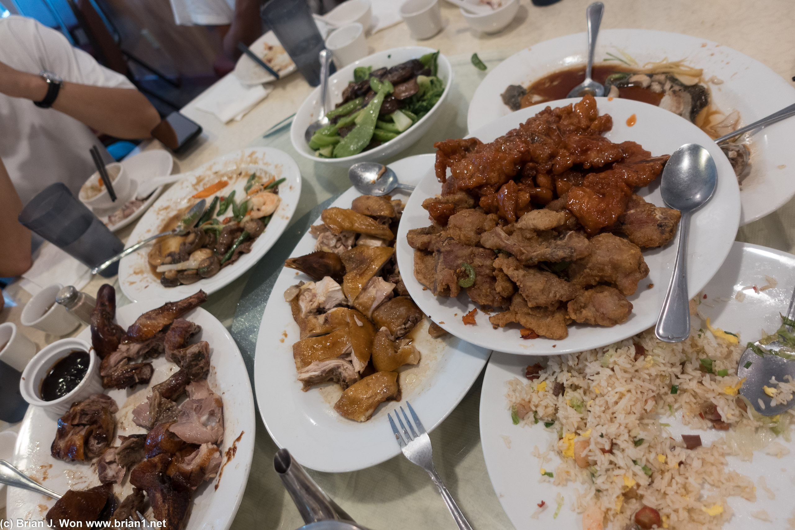 Add in deep fried and sweet and sour pork along with mushrooms and mustard greens.