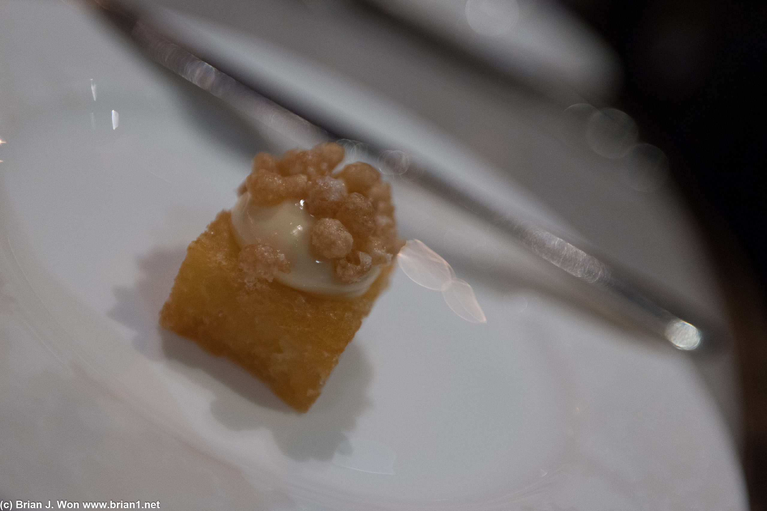 Tiny hash brown topped with puffed rice.