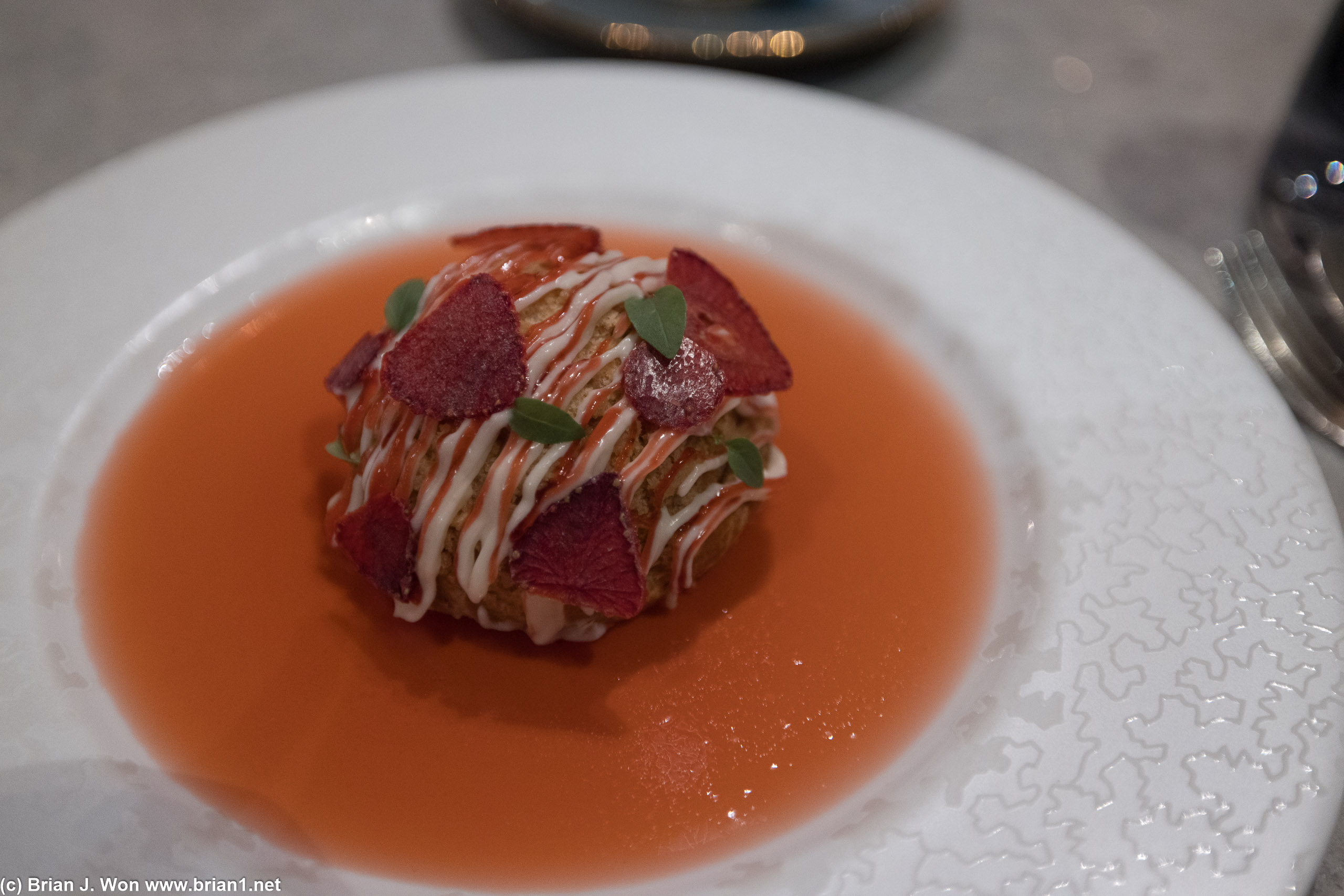 Annabel's strawberries and cream choux bun with elderflower, basil, strawberry and champagne jelly.