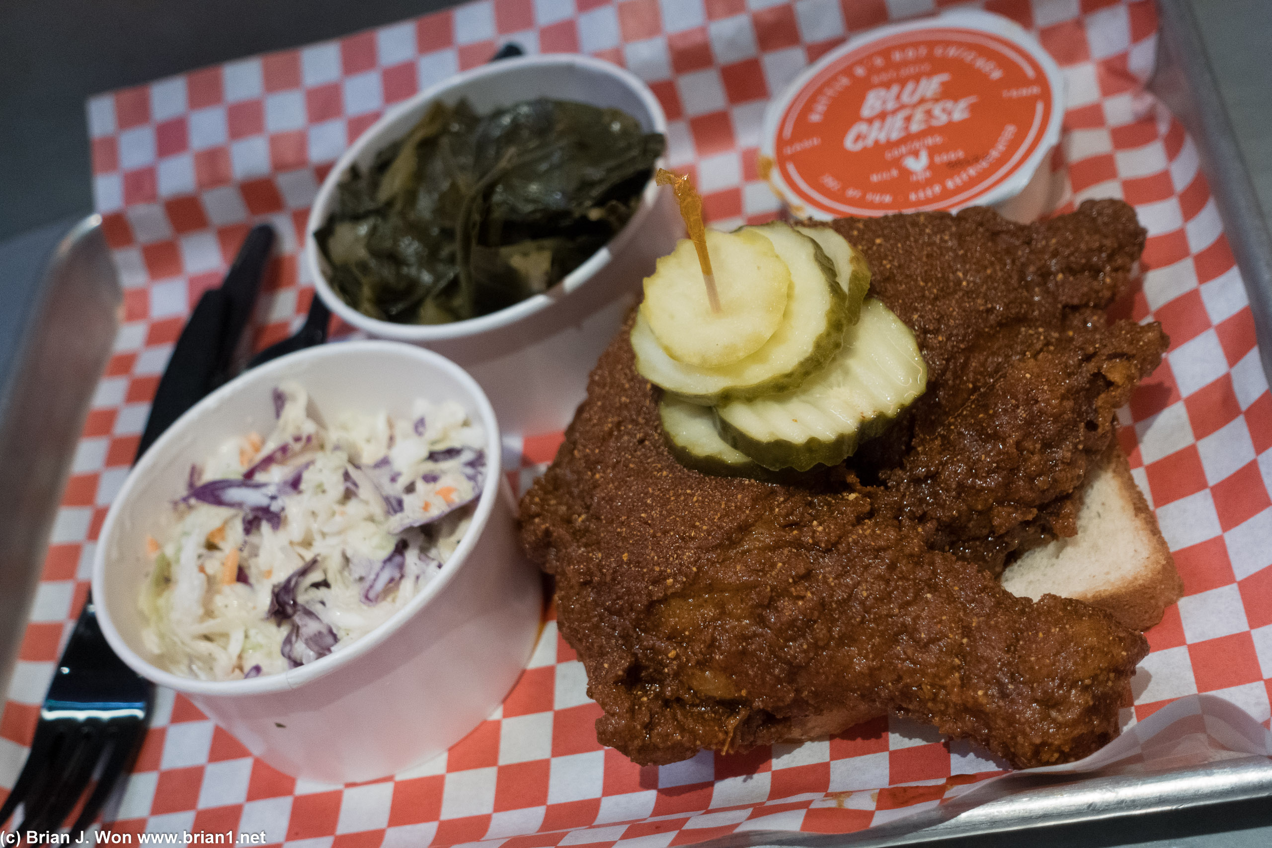 Dark meat, slaw, collard greens, medium spicy.